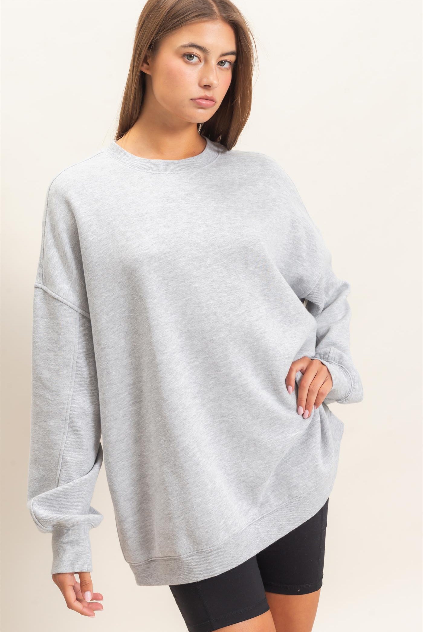 Wholesale Acid Wash Crew Neck Long Sleeve Sweatshirt Sweatshirts DZ26E268 HEATHER GRAY DOUBLE ZERO