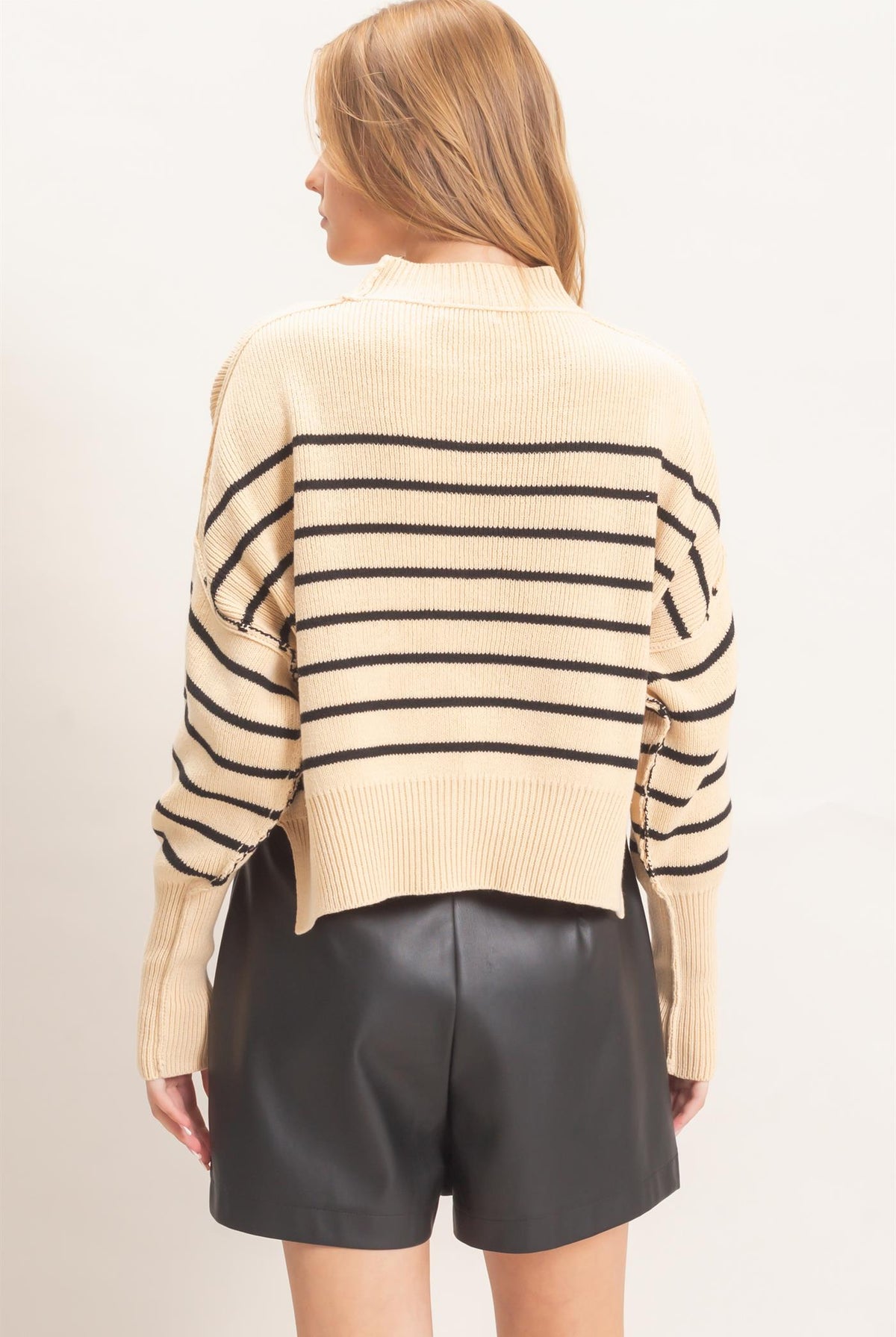 Wholesale Striped Mock Neck Cropped Sweater Sweaters HF26F192 BLACK HYFVE