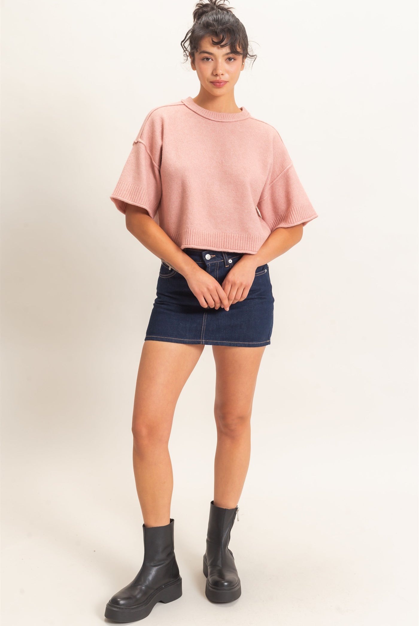 Wholesale Seam Detail Short Sleeve Knit Top Clothing Tops DZ26A827 DUSTY PINK DOUBLE ZERO