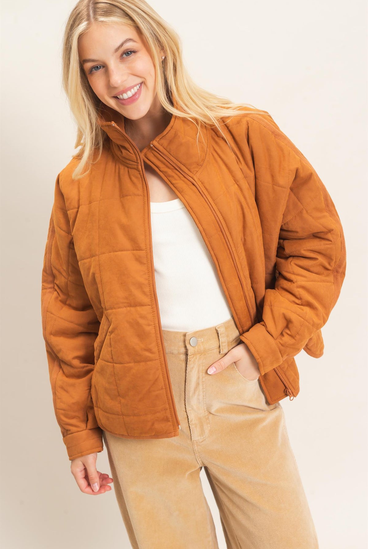 Wholesale Quilted High Collar Jacket Coats & Jackets HF26F167-D CAMEL HYFVE