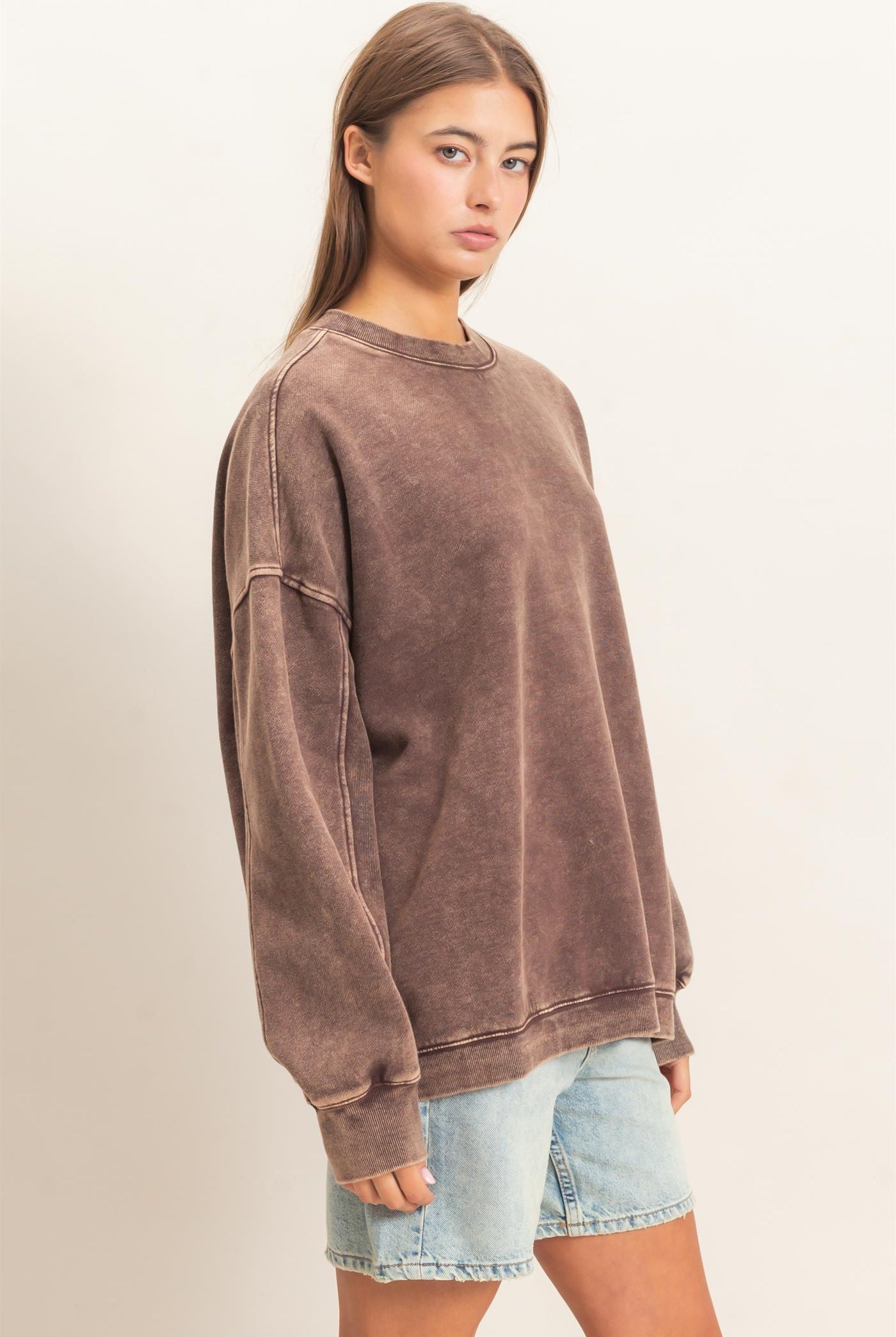 Wholesale Acid Wash Crew Neck Long Sleeve Sweatshirt Sweatshirts DZ26E268 DARK BROWN DOUBLE ZERO