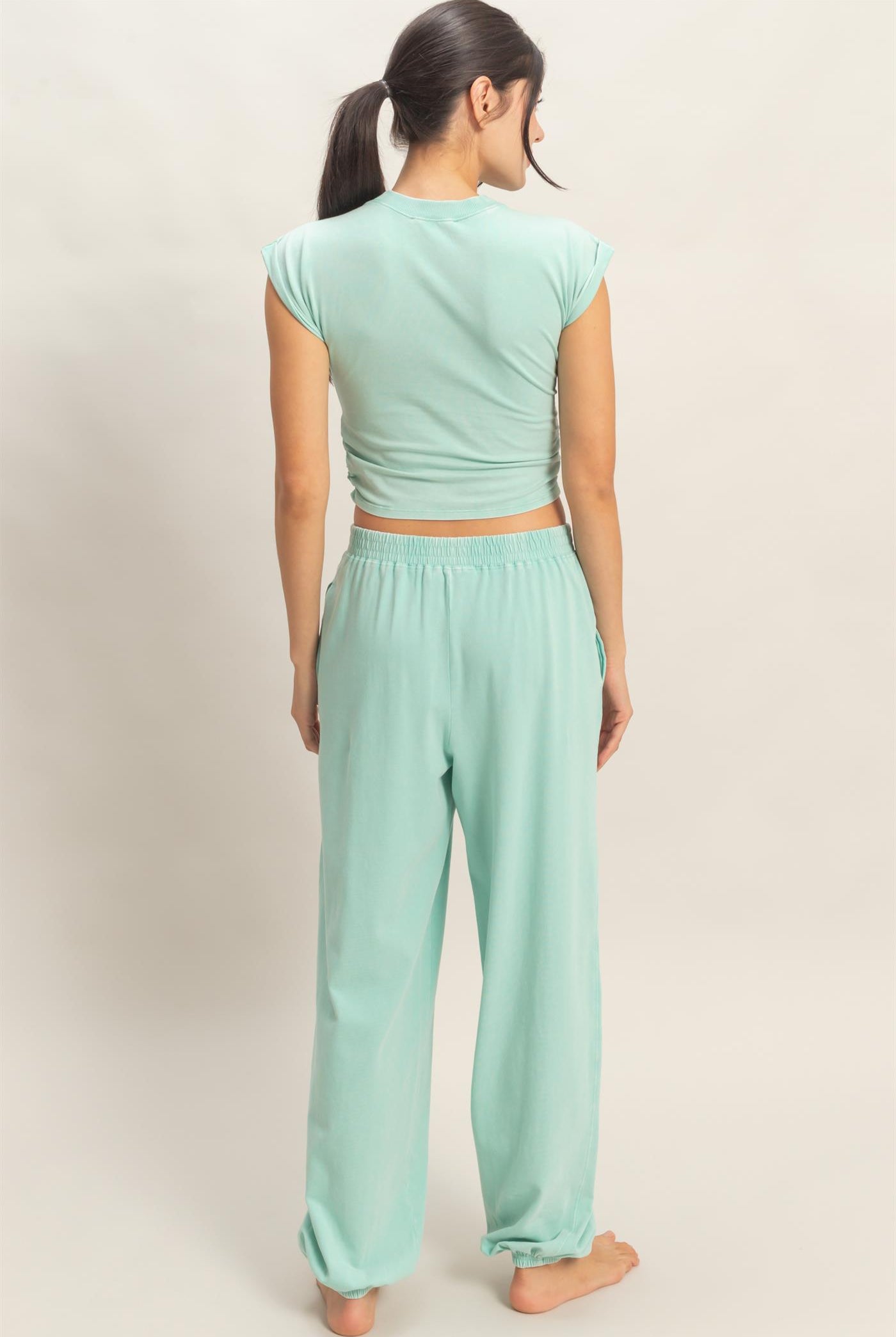 Wholesale Rolled Sleeve Wrap-Front Crop Top And Jogger Set Clothing DZ26A172-SET TURQUOISE DOUBLE ZERO