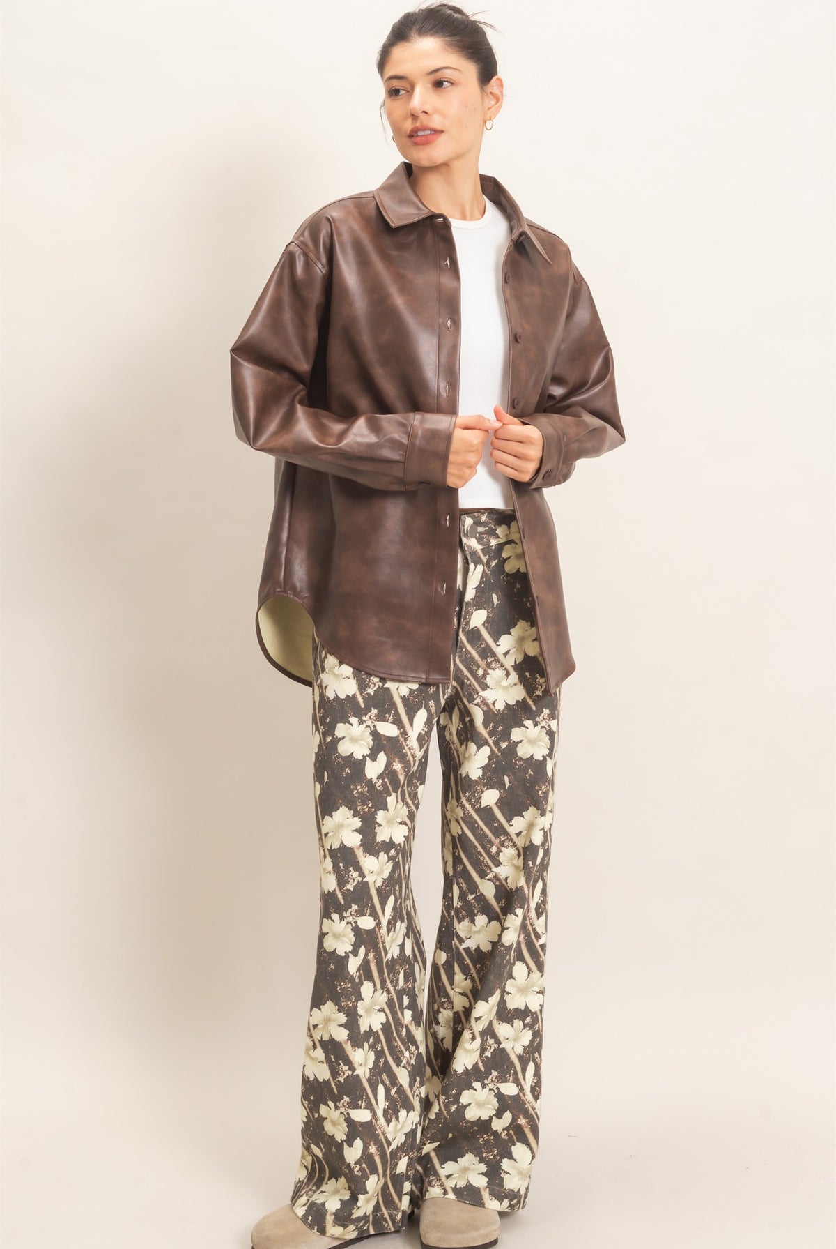 Wholesale Faux Leather Button-Down Shirt Clothing Tops HF26E236 BROWN HYFVE