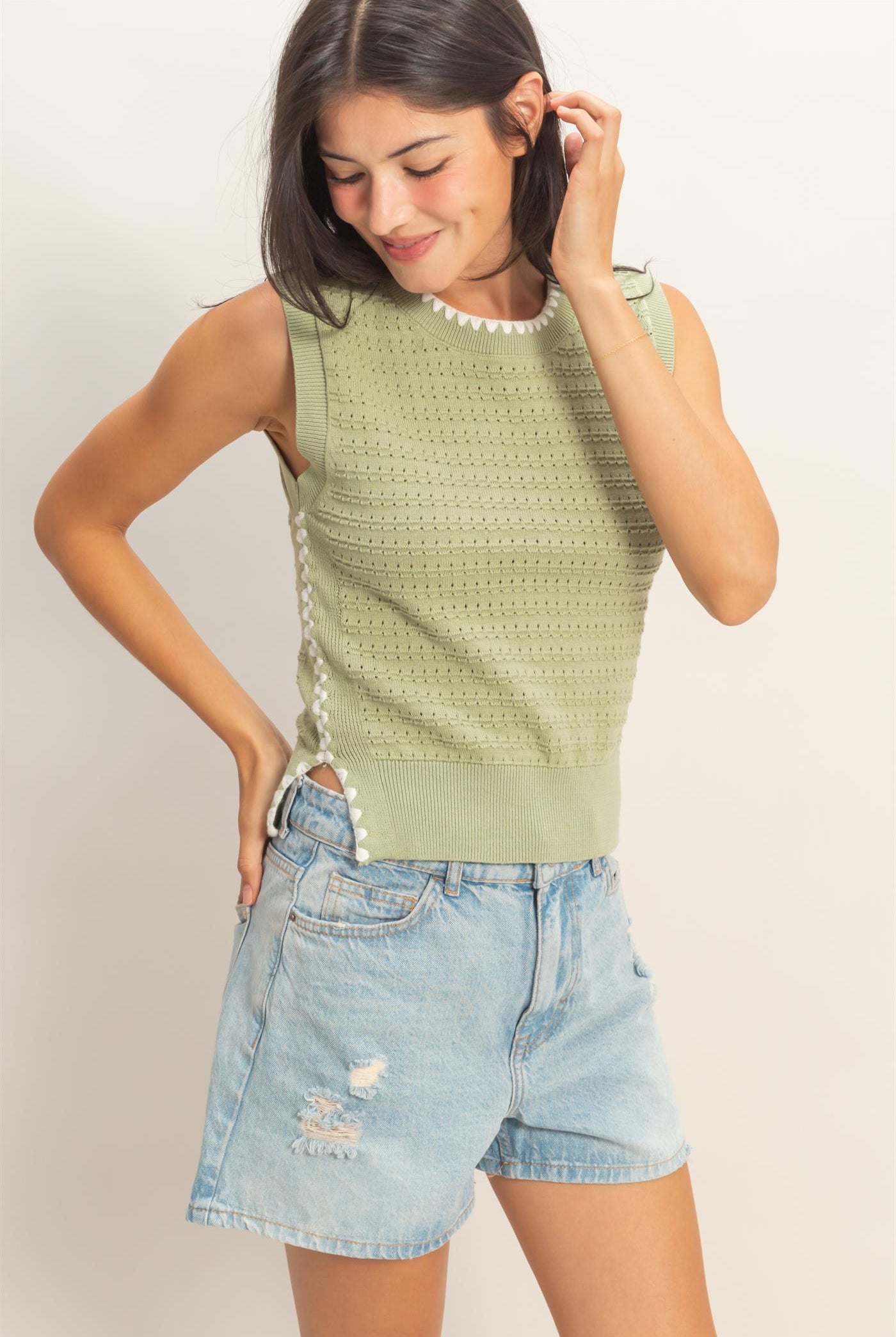 Wholesale Eyelet Sleeveless Knit Top Clothing Tops DZ26A617 SAGE GEEEN DOUBLE ZERO
