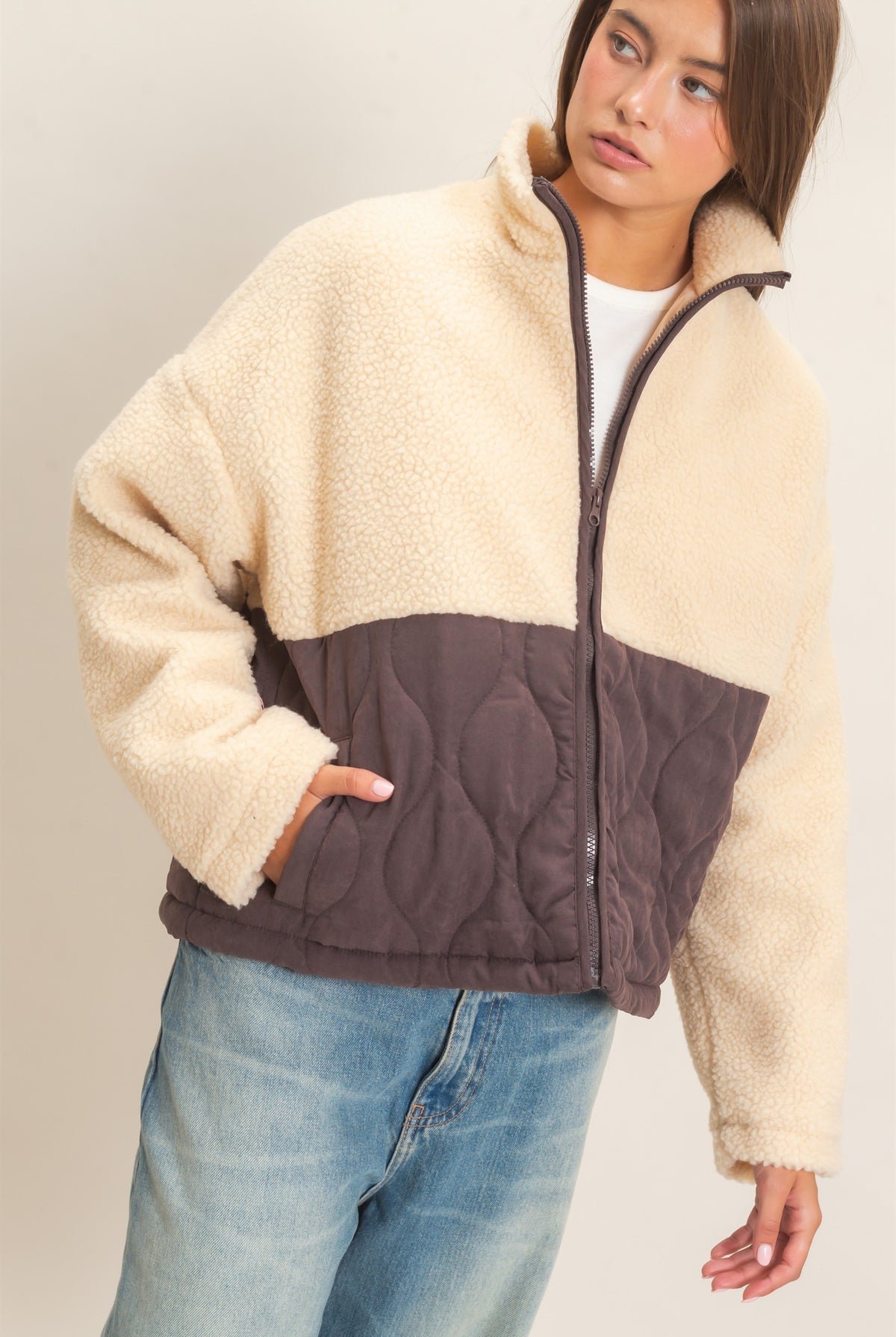 Wholesale Quilted Sherpa Zip Up Jacket Coats & Jackets DZ26F259 DARK BROWN DOUBLE ZERO