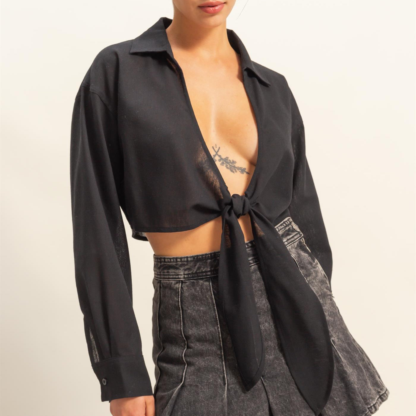 Wholesale Sand Washed Tie Front Crop Top Blouses DZ24C963 BLACK DOUBLE ZERO