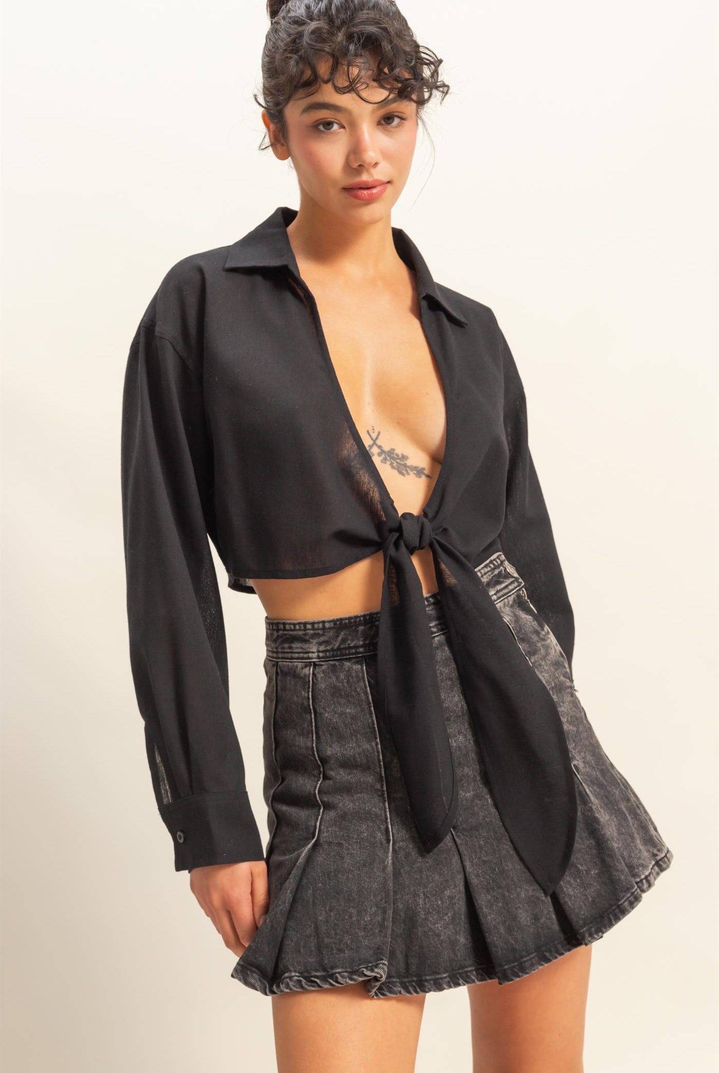Wholesale Sand Washed Tie Front Crop Top Blouses DZ24C963 BLACK DOUBLE ZERO