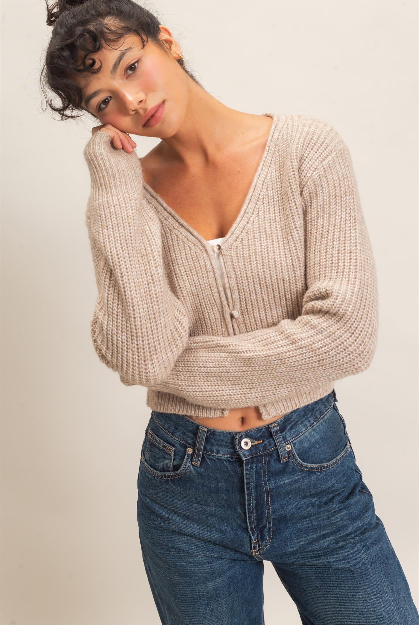 Wholesale V-Neck Ribbed Cardigan Cardigans DZ26E106 TAUPE DOUBLE ZERO