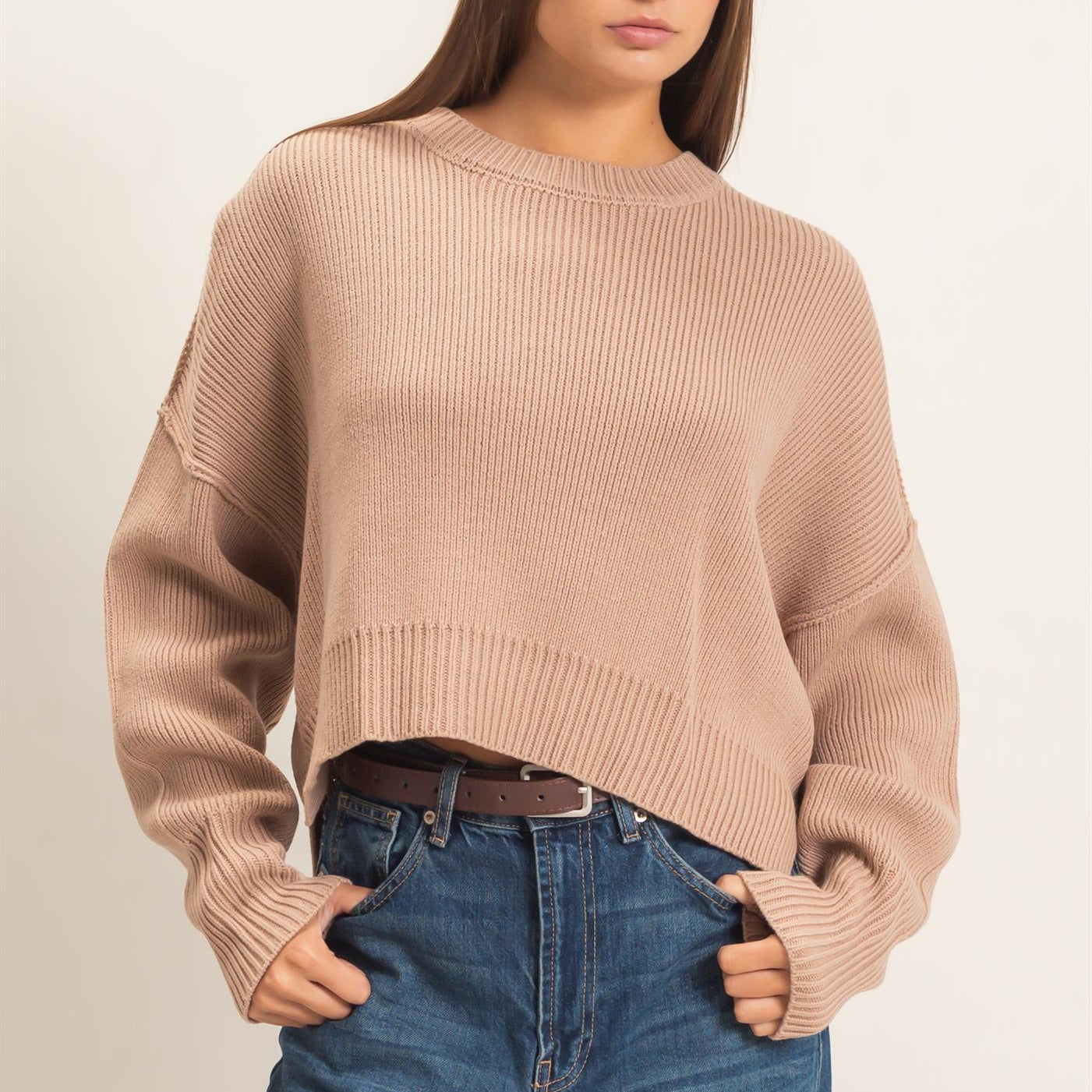 Wholesale Ribbed Drop Shoulder Sweater Sweaters DZ26C982 DARK TAUPE DOUBLE ZERO
