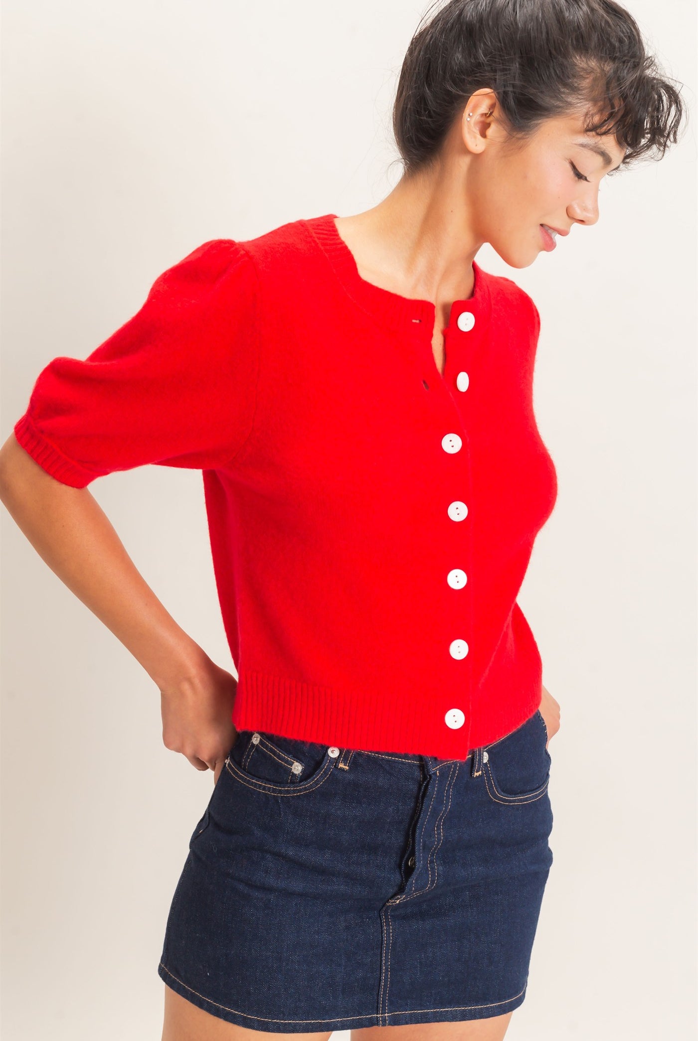 Wholesale Button Front Puff Short Sleeve Cardigan Cardigans DZ26C960 RED DOUBLE ZERO