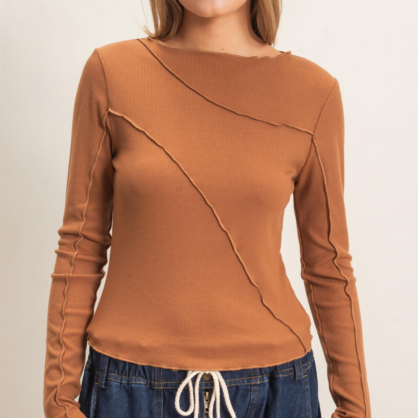 Wholesale Ruffled Ribbed Long Sleeve Top Clothing Tops HF26F085 BROWN HYFVE