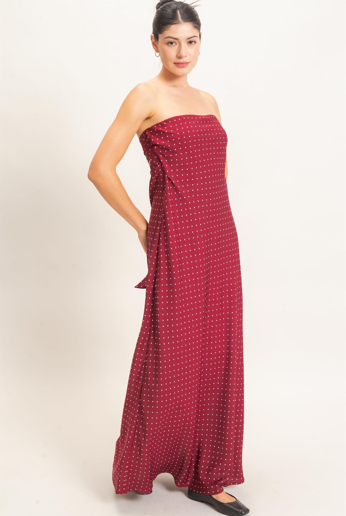 Wholesale Strapless Polka Dot Maxi Dress Dresses HF26E845 BURGUNDY HYFVE