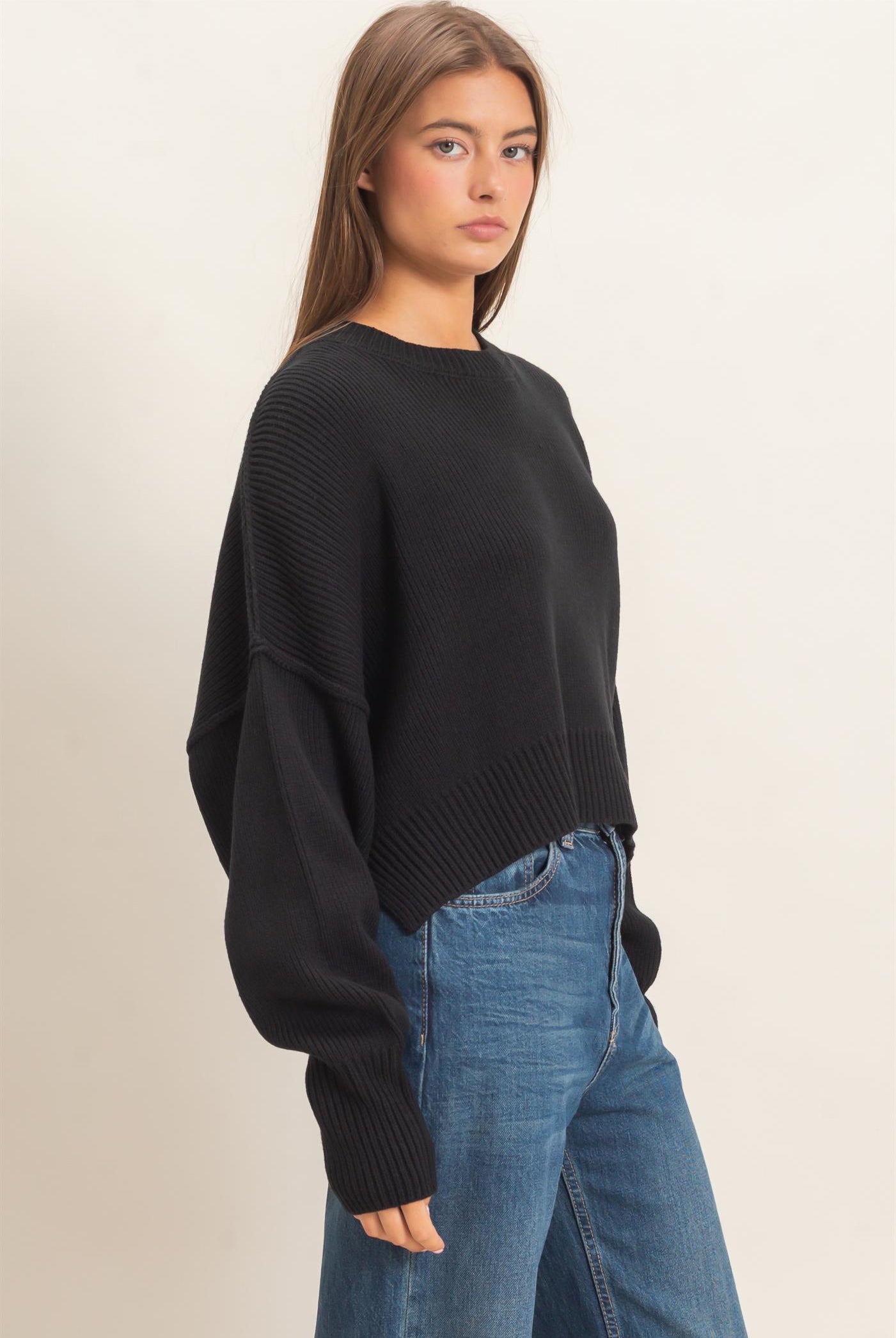 Wholesale Ribbed Drop Shoulder Sweater Sweaters DZ26C982 BLACK DOUBLE ZERO