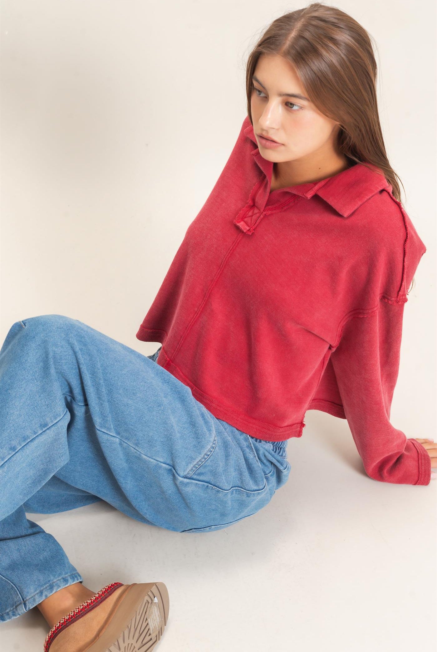 Wholesale Mineral Wash Textured Collar Top Polos DZ26E814 DARK RED DOUBLE ZERO