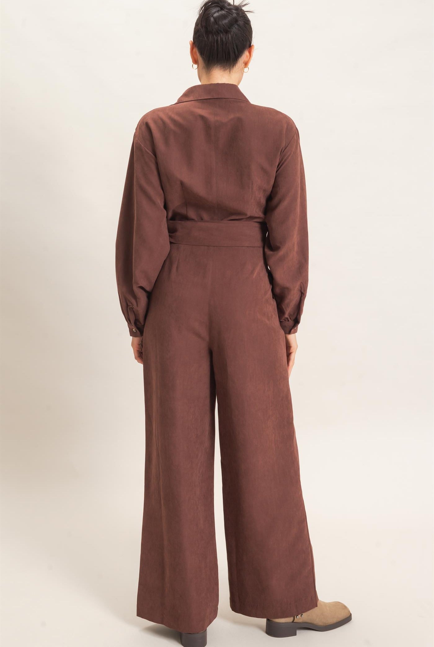 Wholesale Collared Wrap Suede Jumpsuit Clothing HF26C905 BROWN HYFVE