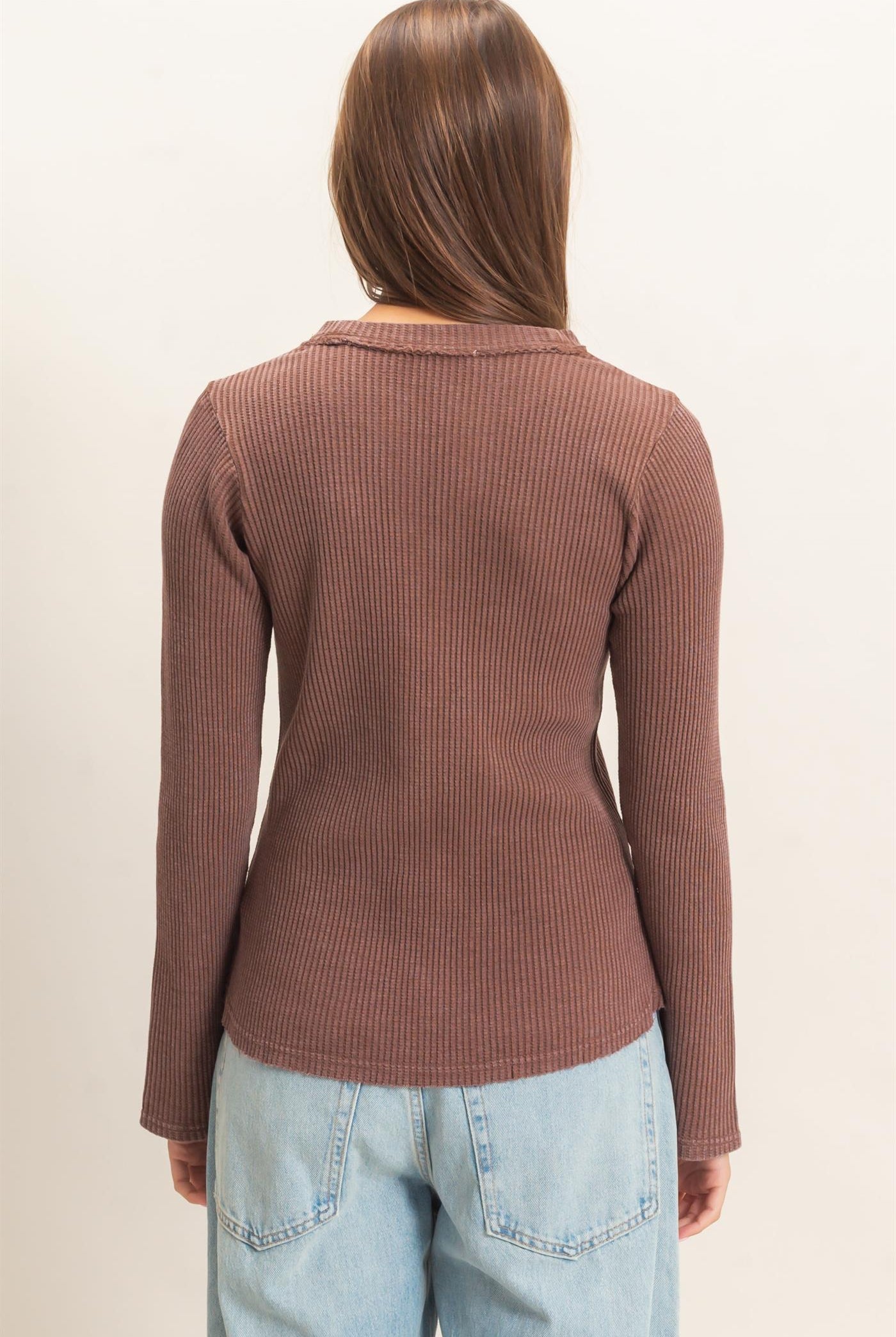Wholesale Mineral Wash Waffle Henley Long Sleeve Top Clothing Tops DZ26E243 DARK BROWN DOUBLE ZERO