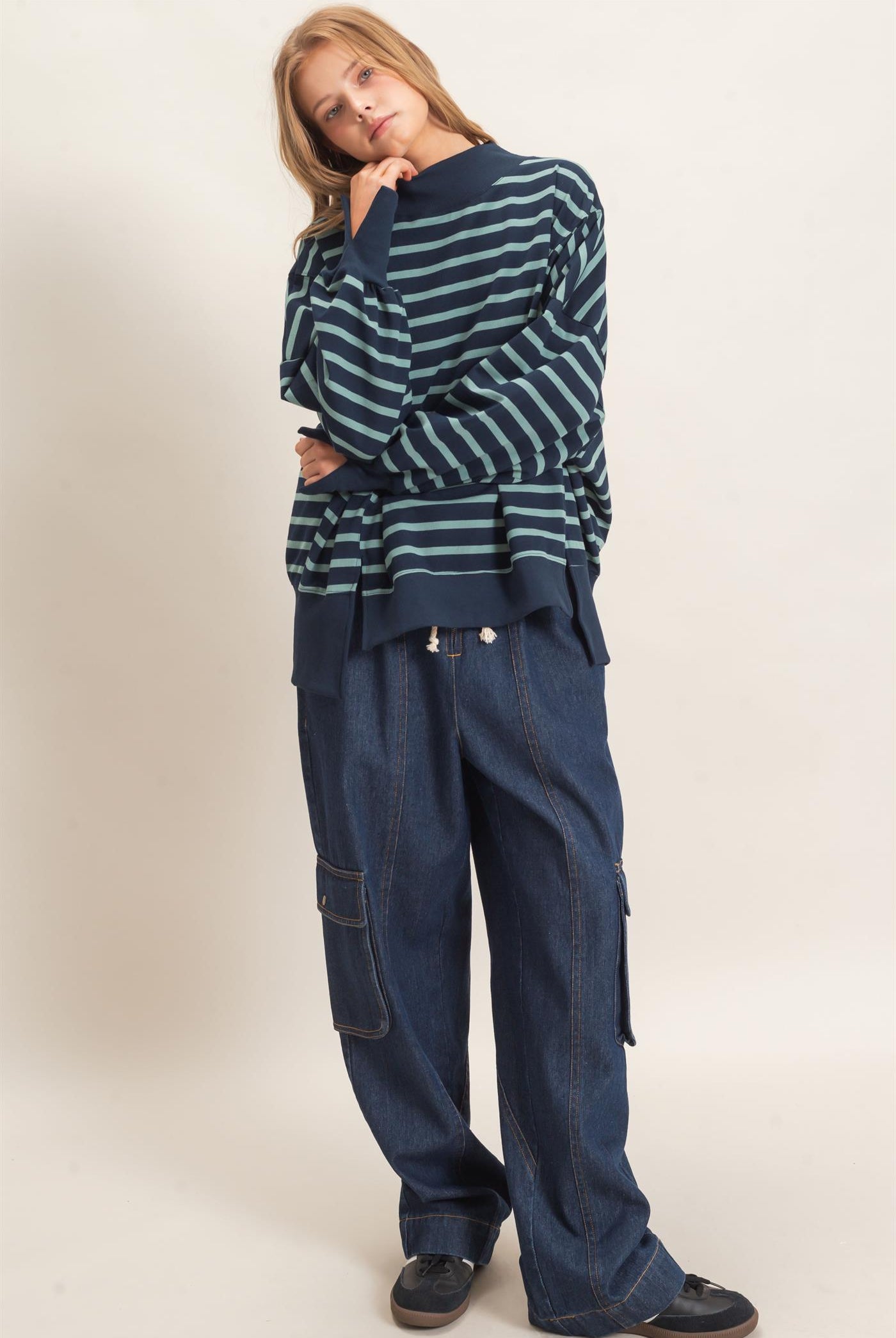 Wholesale Striped Mock Neck Sweatshirt Sweatshirts HF27A178-D NAVY/SAGE HYFVE