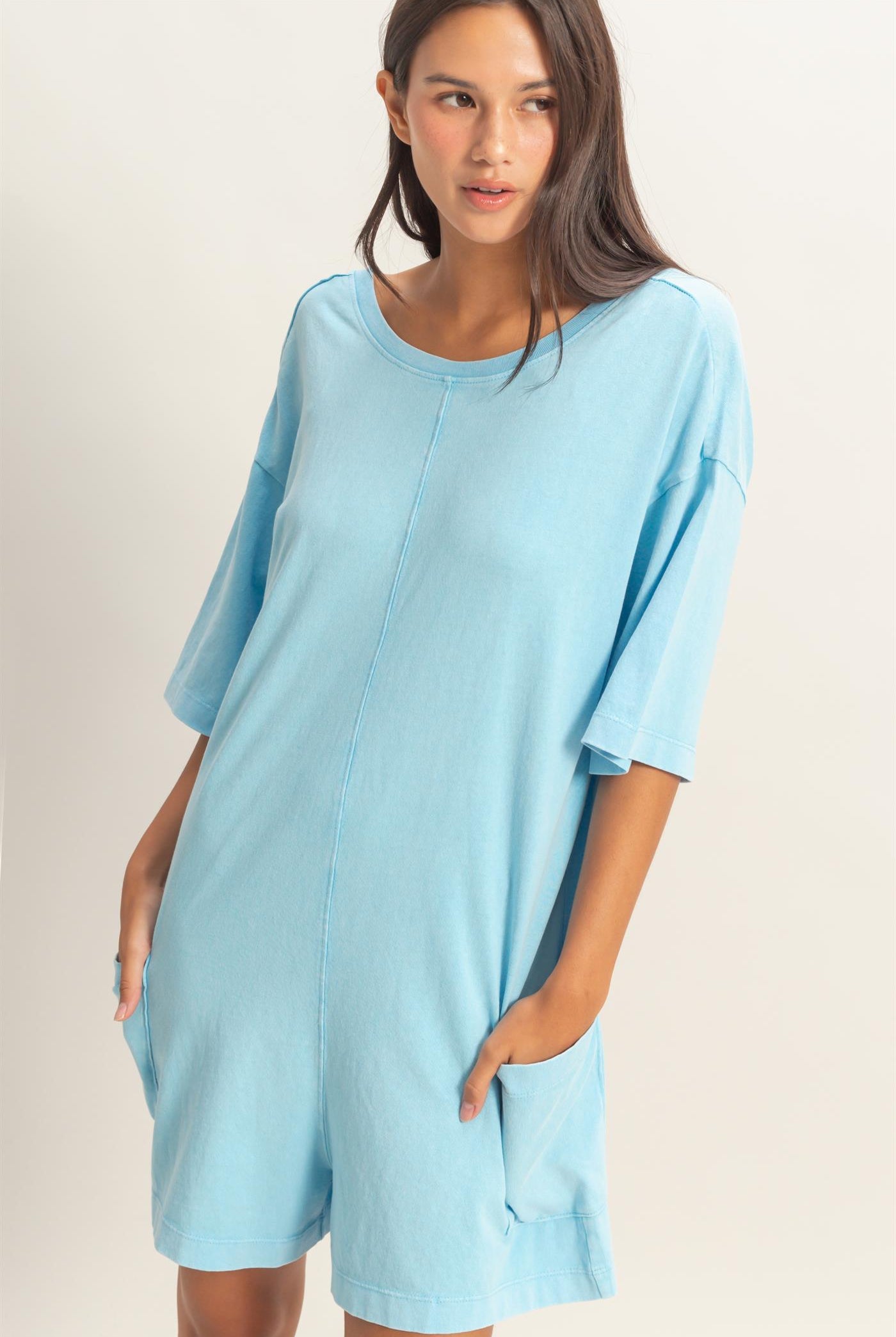 Wholesale Mineral Washed V-Back Romper Clothing DZ26A326 BLUE HYFVE