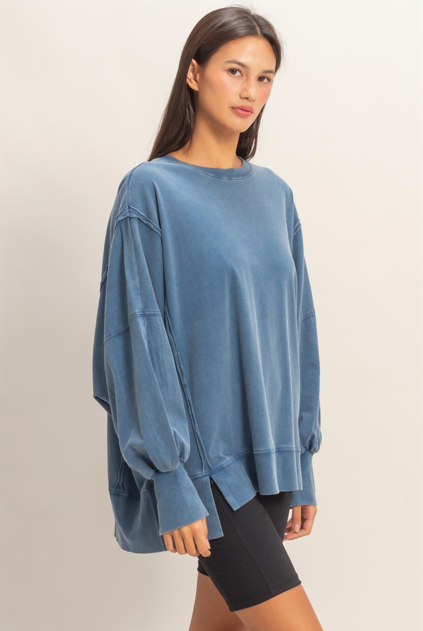 Wholesale Oversized Seam Detail Long Sleeve Top Sweatshirts DZ26C774 NAVY DOUBLE ZERO