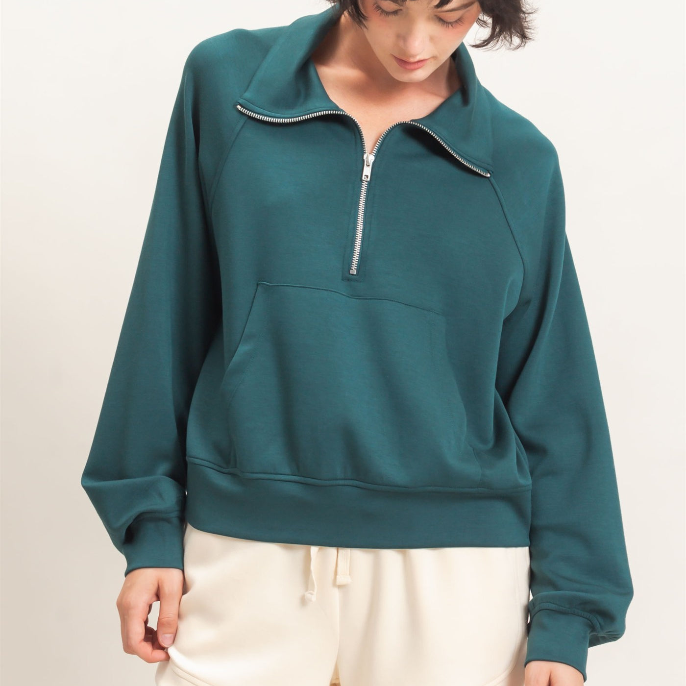 Wholesale Half-Zip Collar Raglan Pullover Sweatshirts DZ26C967 DEEP GREEN DOUBLE ZERO