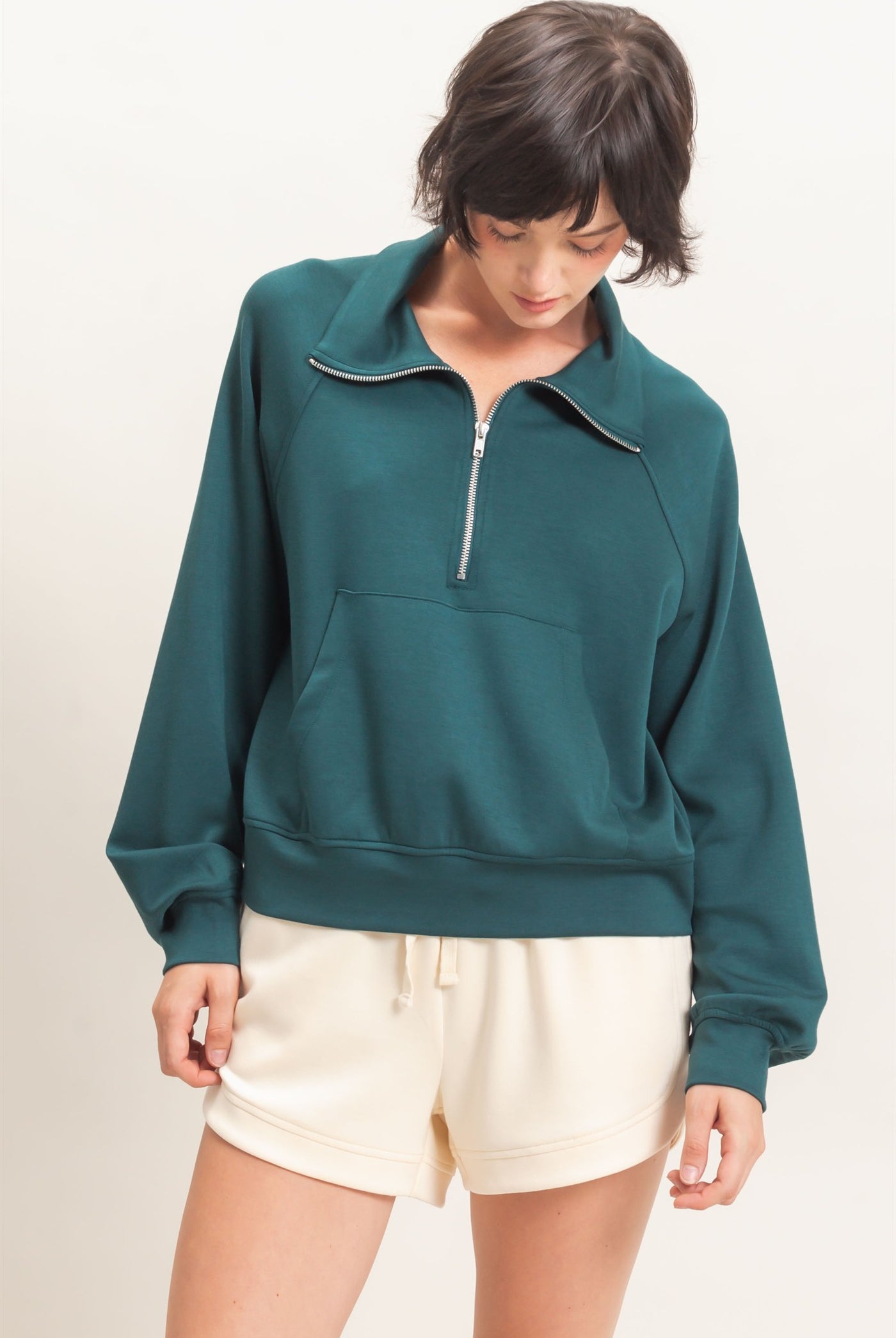 Wholesale Half-Zip Collar Raglan Pullover Sweatshirts DZ26C967 DEEP GREEN DOUBLE ZERO