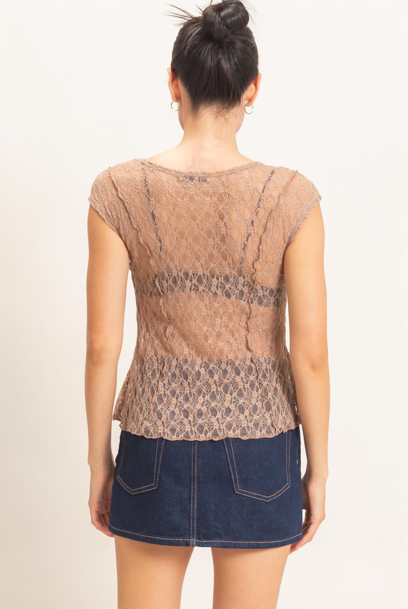 Wholesale Lace Cap Sleeve Top Clothing Tops HF26E672 LIGHT BROWN HYFVE