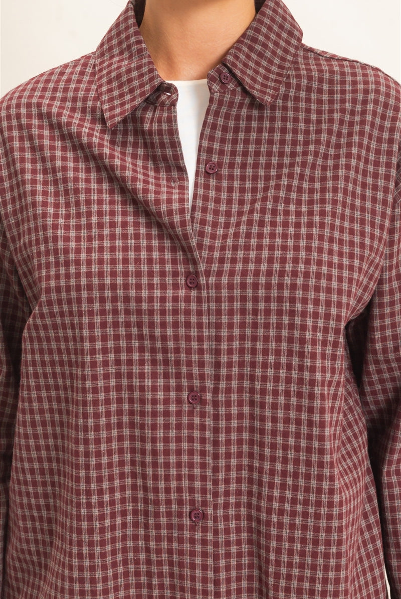Wholesale Plaid Button-Up Shirt Shirts DZ26F012 BURGUNDY DOUBLE ZERO