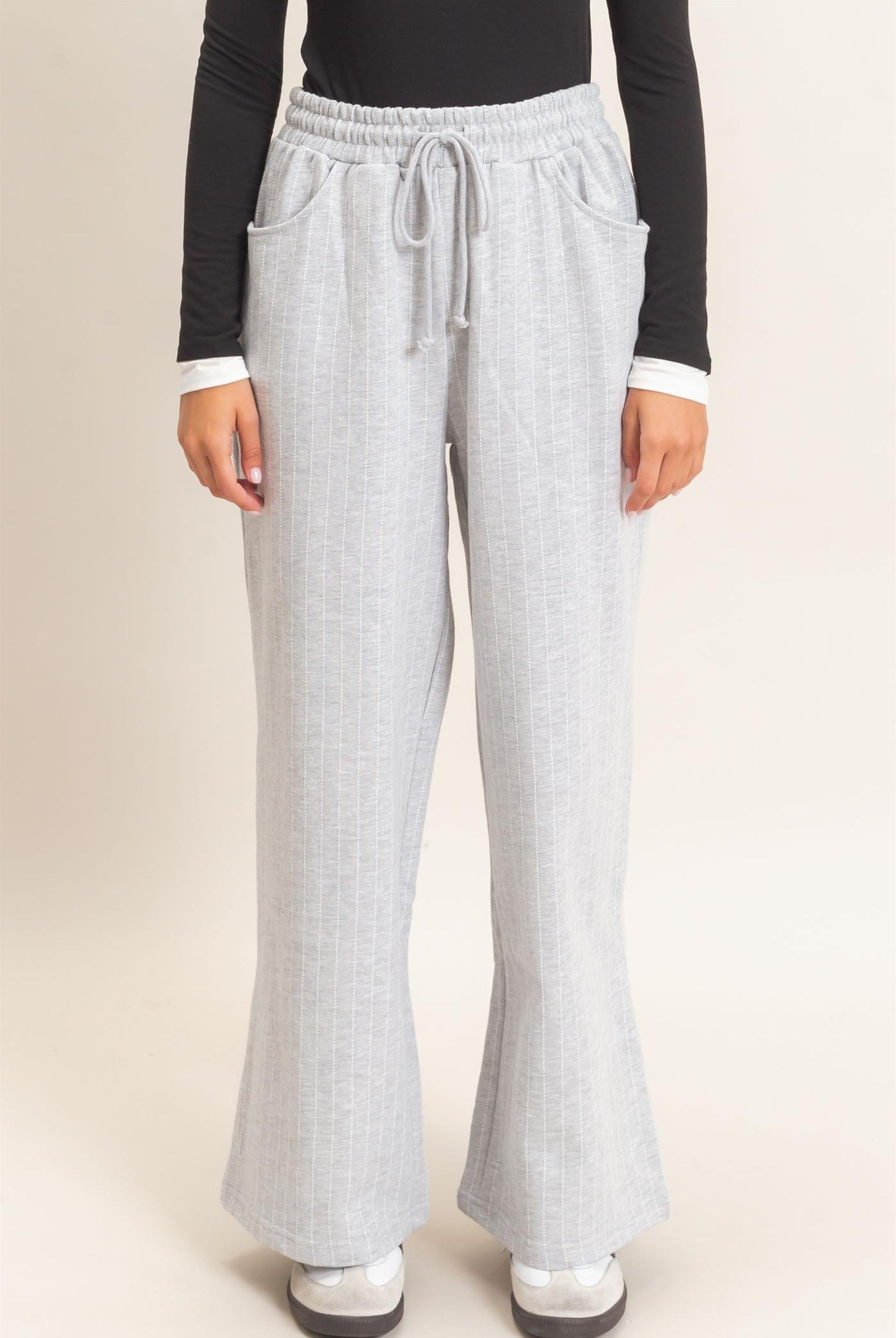 Wholesale Pinstripe Elastic Waist Sweatpants Pants DZ26A813 HEATHER GRAY DOUBLE ZERO