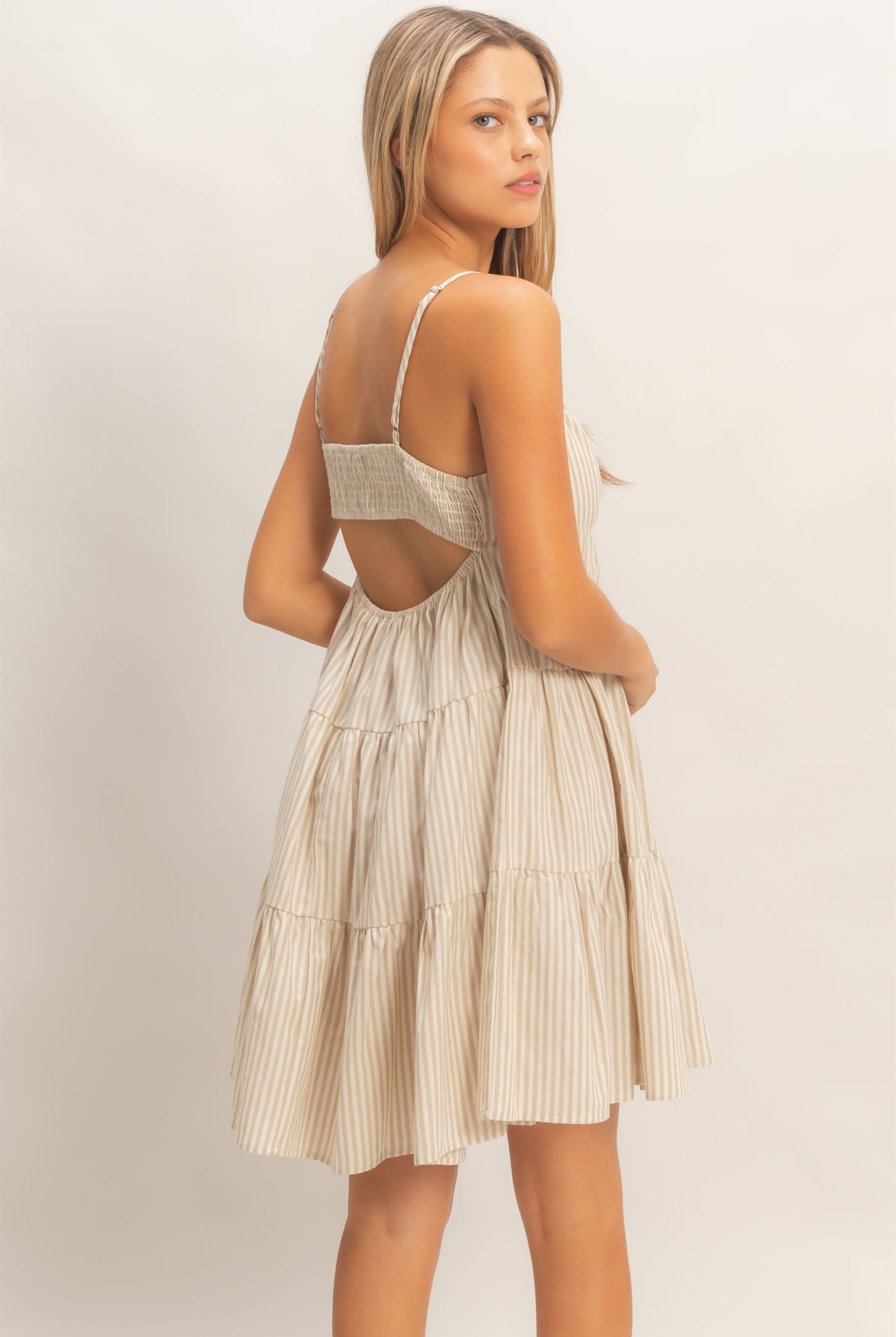 Wholesale Striped Sleeveless A-Line Dress Dresses HF26A247 L.TAUPE HYFVE