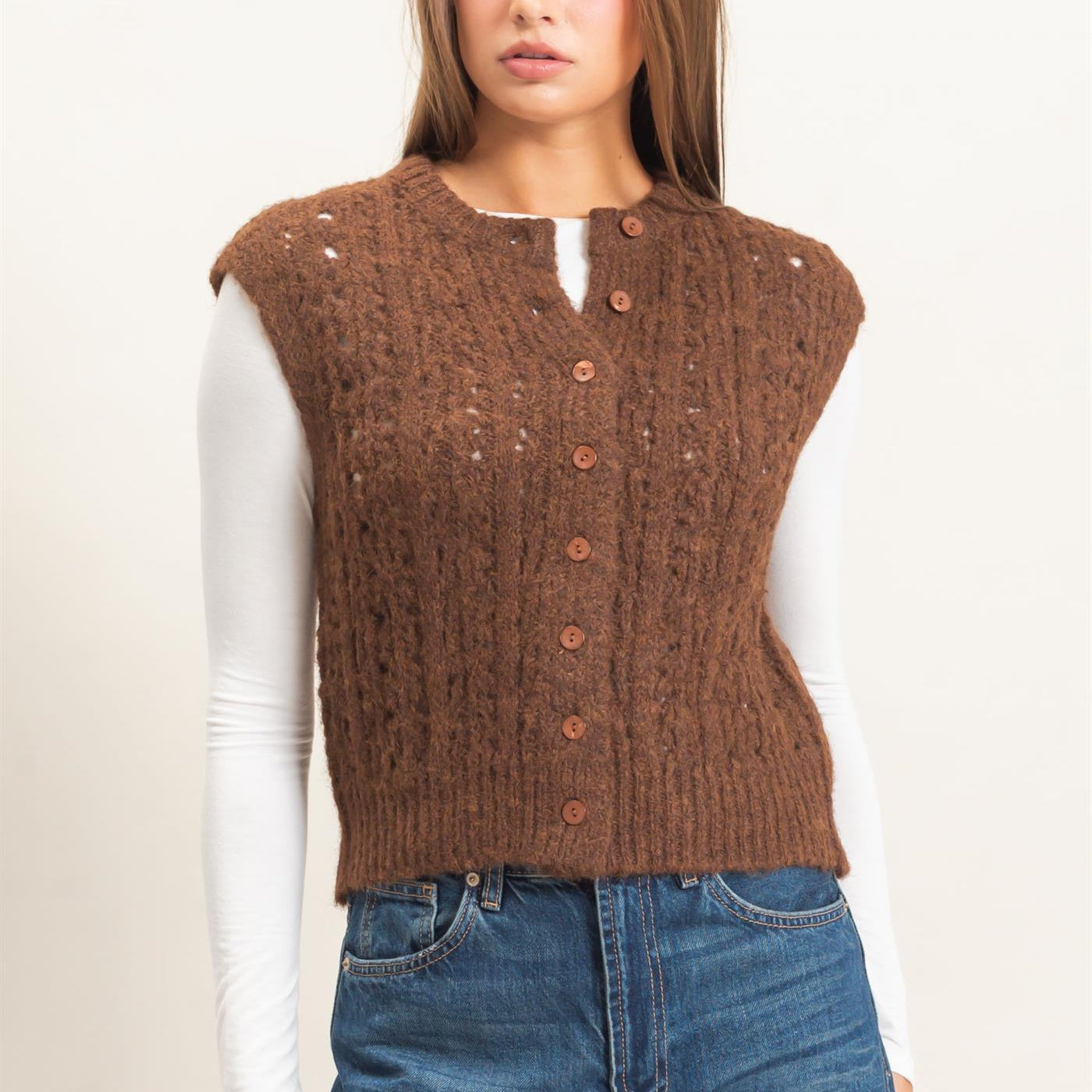 Wholesale Open Knit Sleeveless Button Front Sweater Vest Sweaters DZ26A829 BROWN DOUBLE ZERO