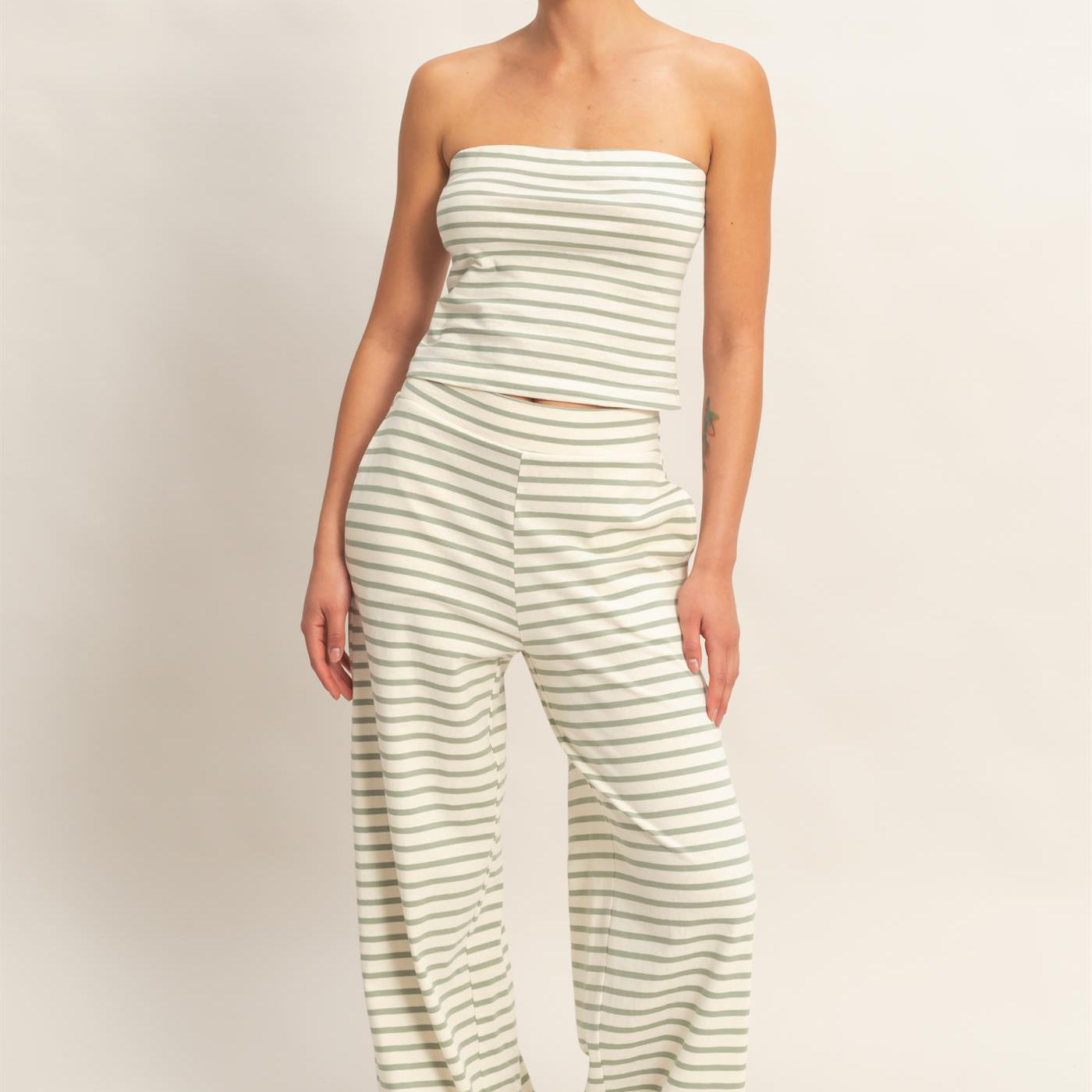 Wholesale Striped Jersey Tube Top And Pants Set Clothing DZ26C621-SET SAGE GREEN DOUBLE ZERO