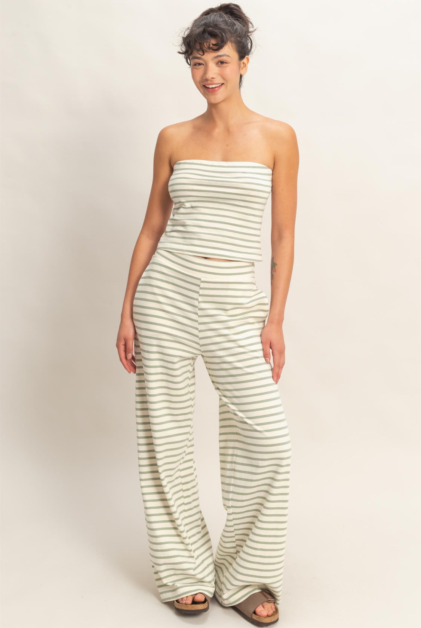 Wholesale Striped Jersey Tube Top And Pants Set Clothing DZ26C621-SET SAGE GREEN DOUBLE ZERO