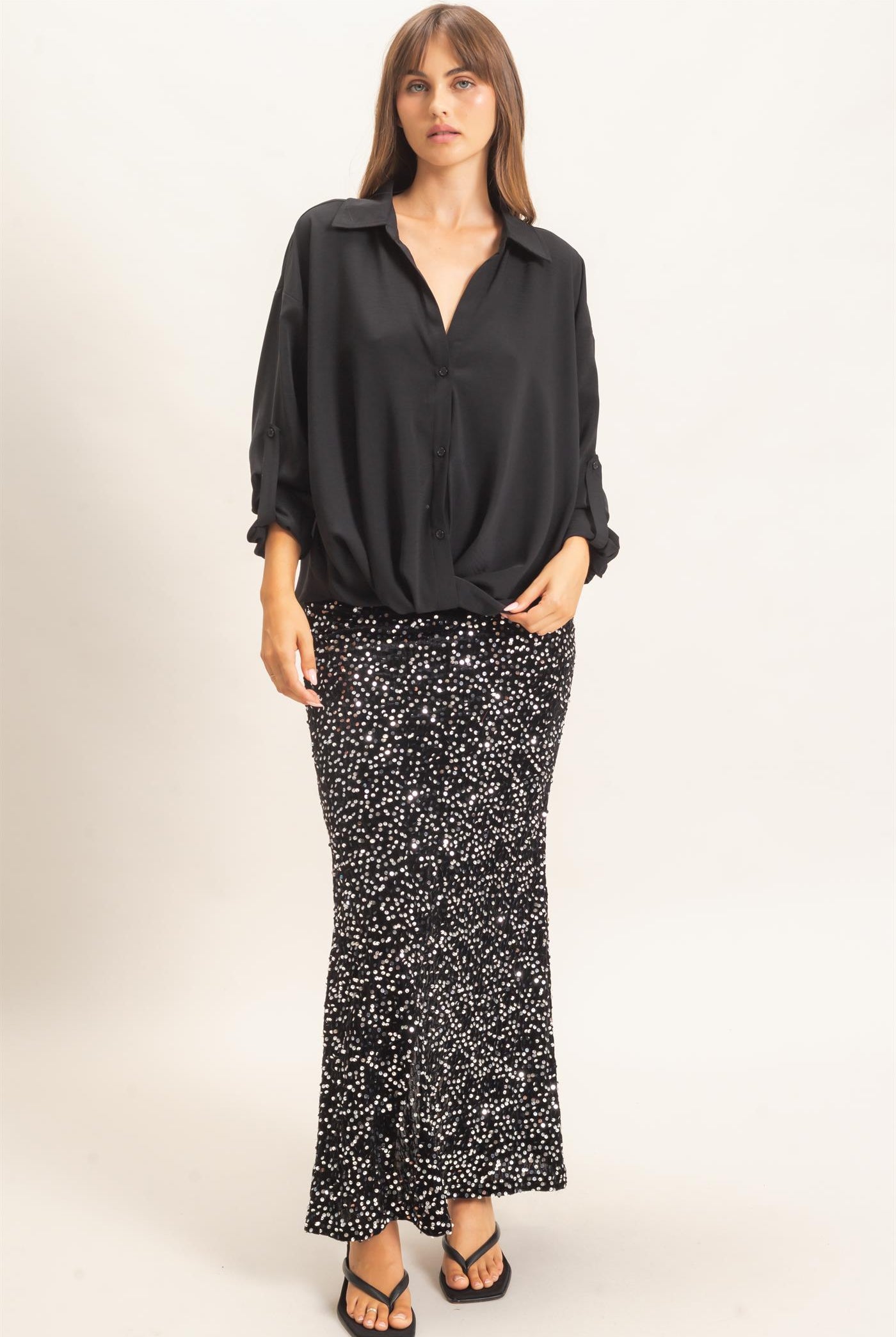 Wholesale Button-Up Dolman Sleeve Top Shirts HF26F070 BLACK HYFVE