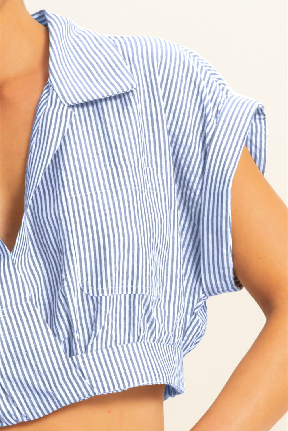 Wholesale Striped Short Sleeve Cropped Top Blouses DZ25C431 BLUE/WHITE DOUBLE ZERO