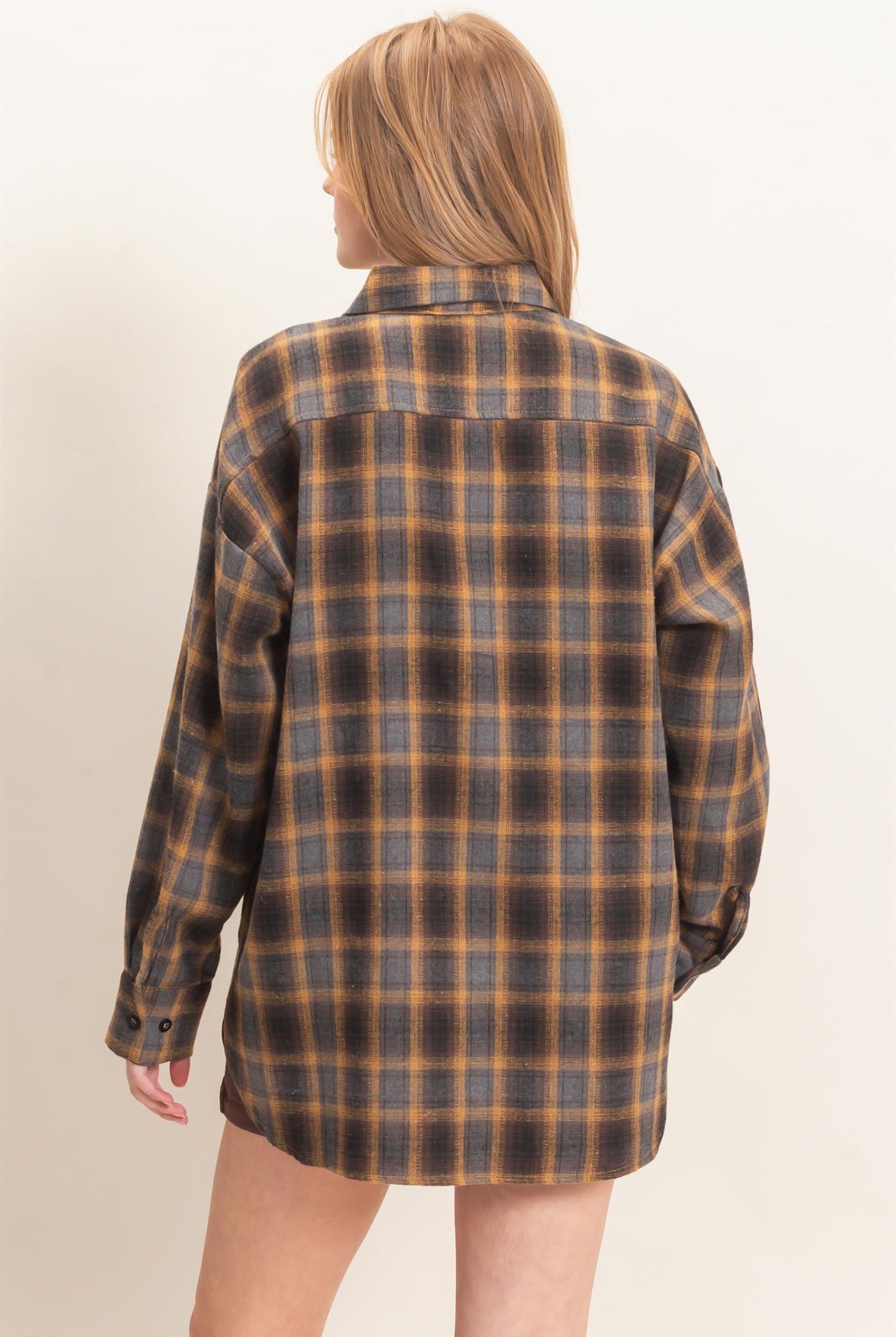 Wholesale Plaid Button-Up Shirt Clothing Tops HF26F017 MUSTARD HYFVE
