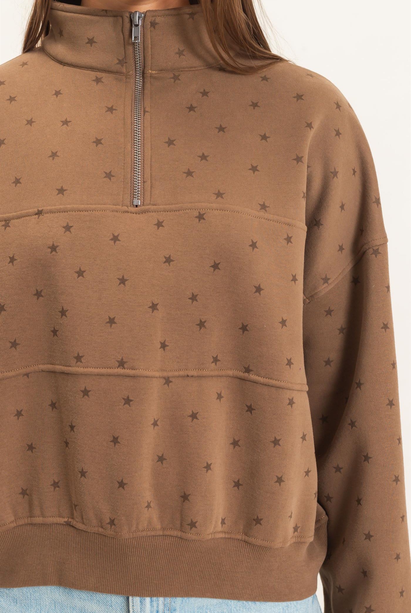 Wholesale Star Print Half Zip Sweatshirt Sweatshirts DZ26E245 MOCHA DOUBLE ZERO