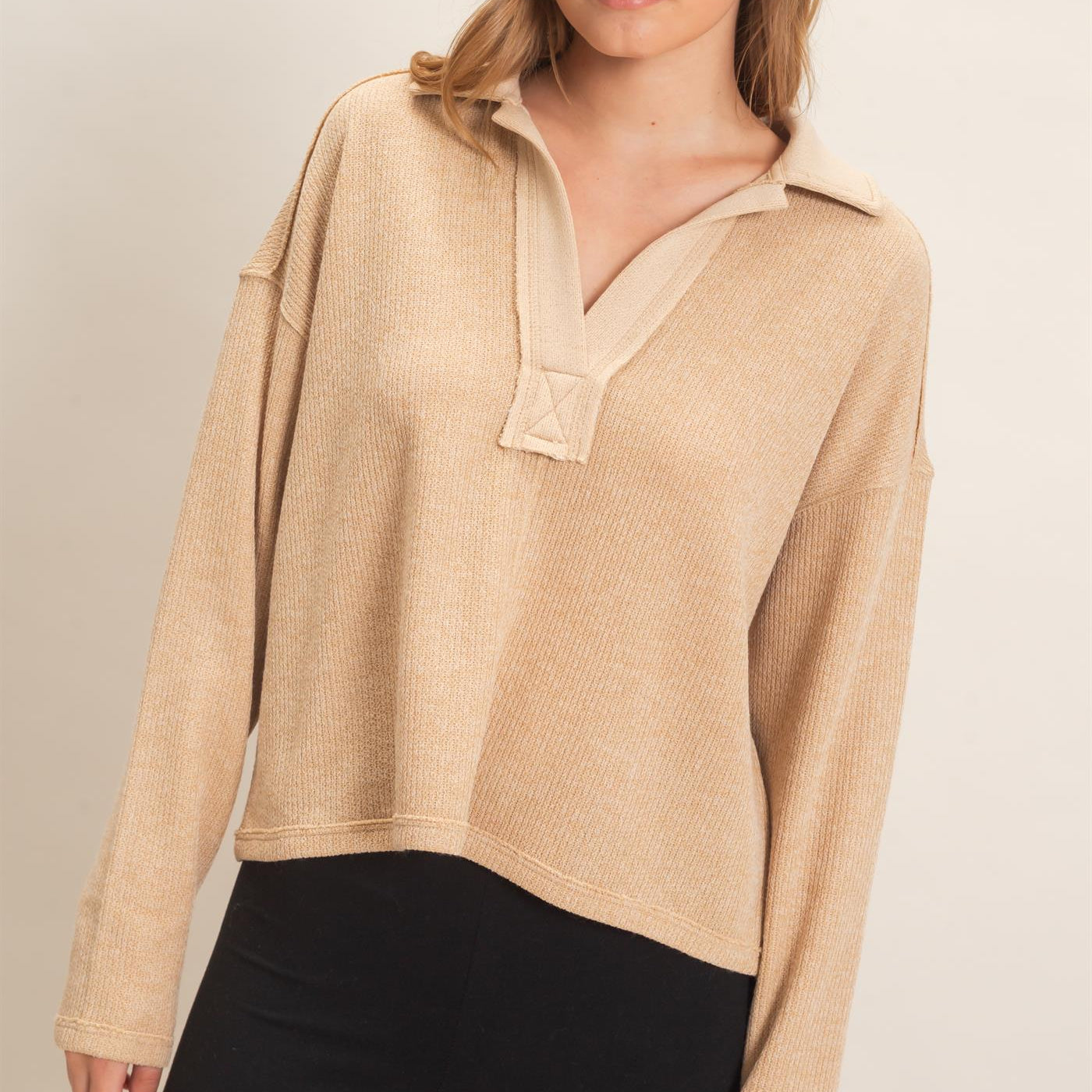 Wholesale Ribbed Collared Pullover Top Clothing Tops HF26E472 CAMEL HYFVE