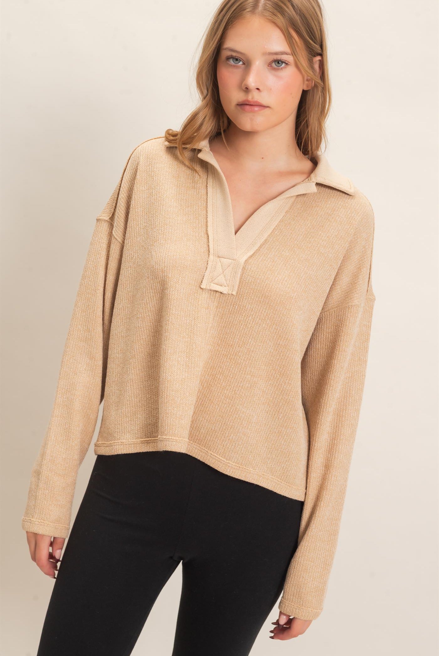 Wholesale Ribbed Collared Pullover Top Clothing Tops HF26E472 CAMEL HYFVE