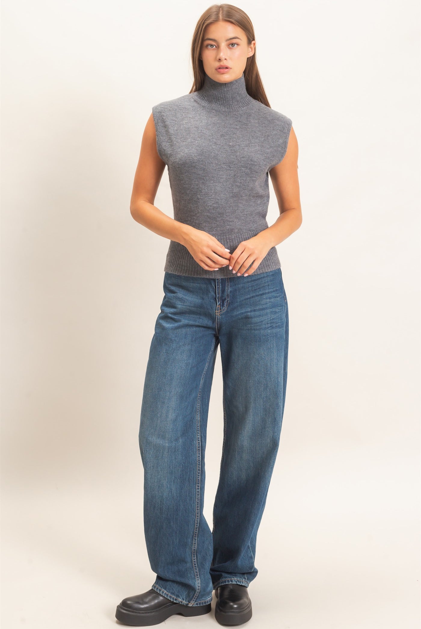 Wholesale Sleeveless High Neck Knit Top Clothing Tops DZ26E946 CHARCOAL DOUBLE ZERO