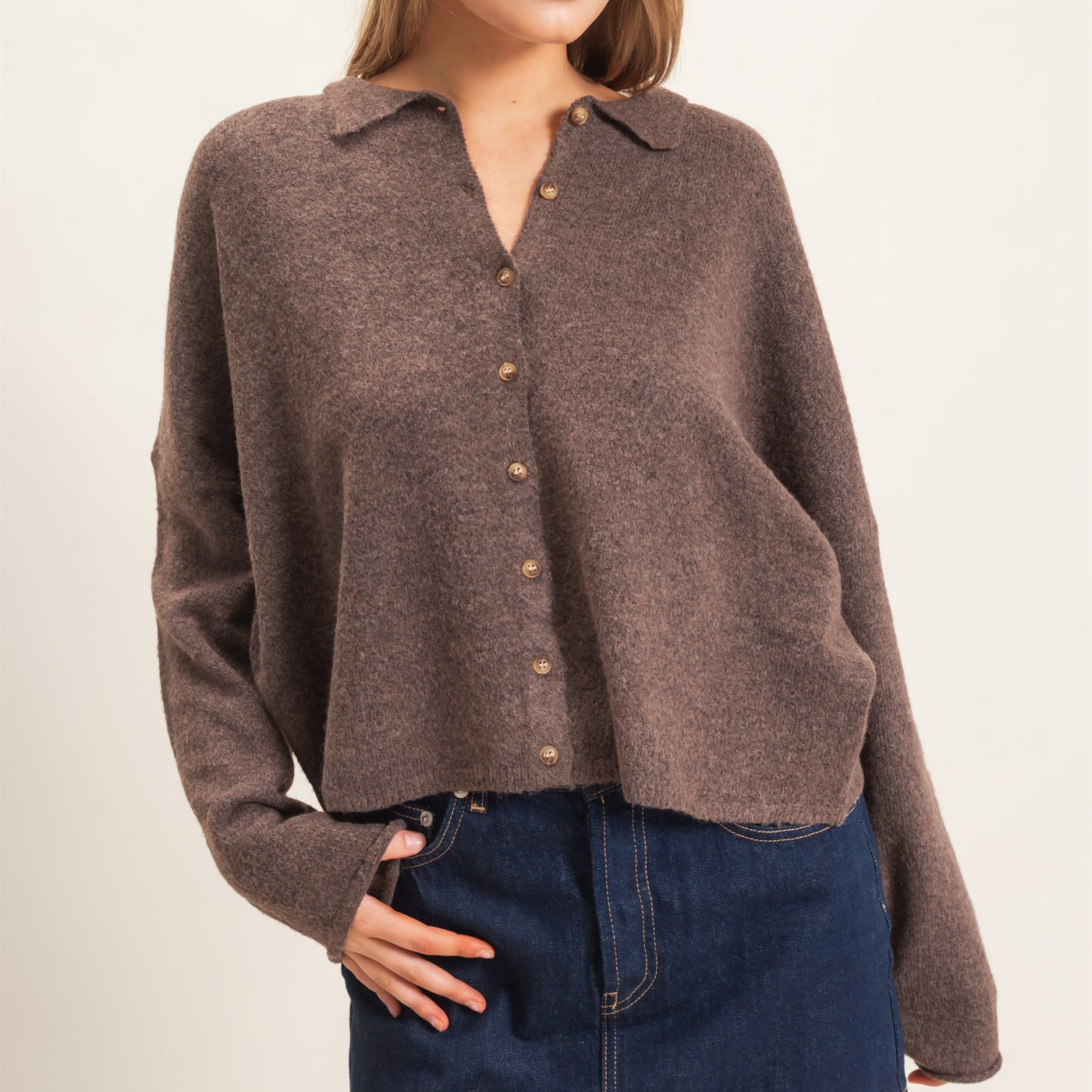 Wholesale Button-Up Collared Sweater Cardigan Cardigans HF26E039 BROWN HYFVE