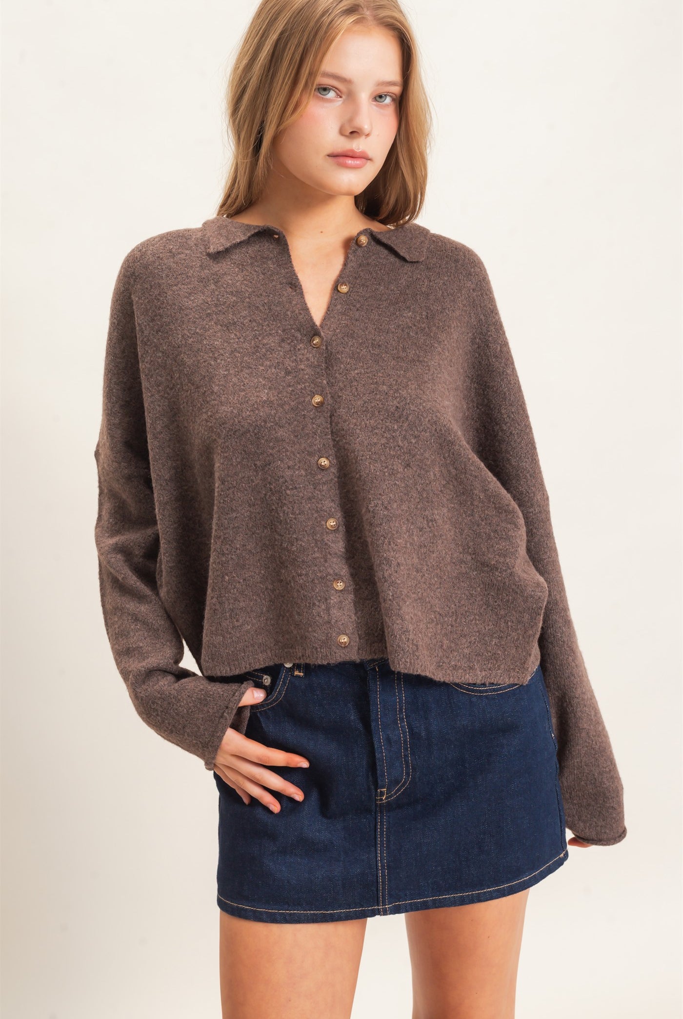 Wholesale Button-Up Collared Sweater Cardigan Cardigans HF26E039 BROWN HYFVE