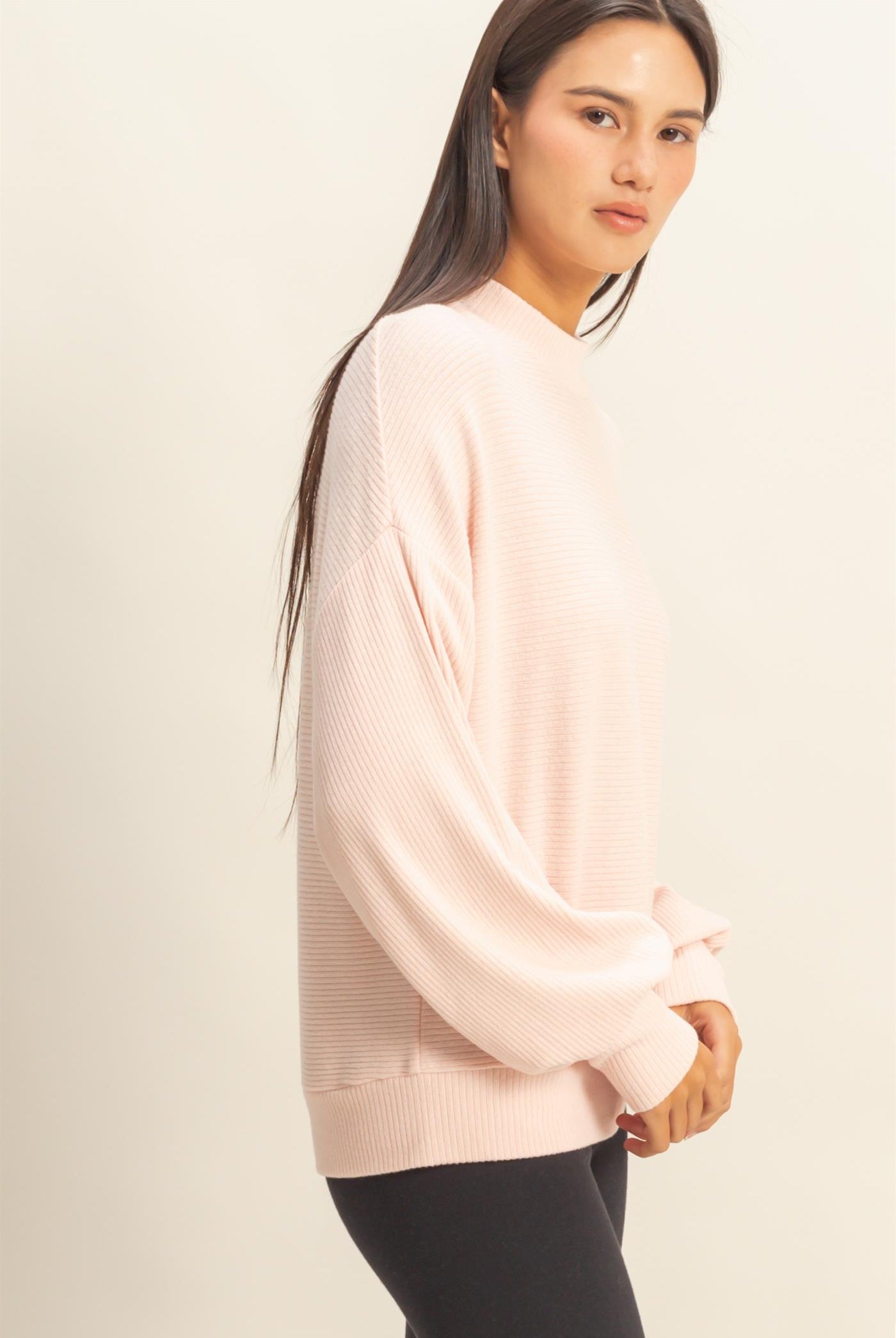 Wholesale Ribbed Balloon Sleeve Top Clothing Tops DZ24A099 DUSTY PINK DOUBLE ZERO