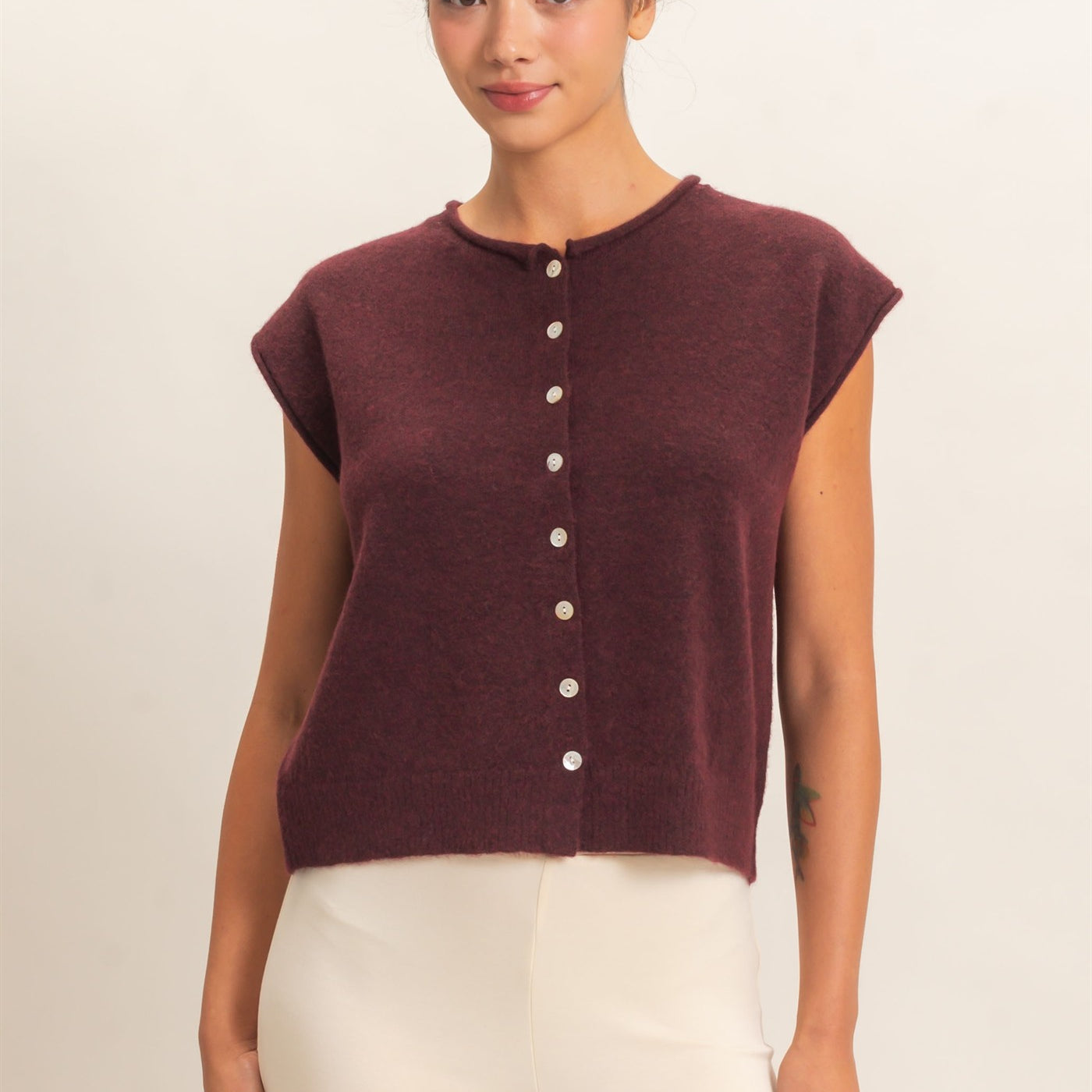 Wholesale Rolled Edge Button Front Sweater Vest Sweaters DZ26E239 DARK CHERRY DOUBLE ZERO
