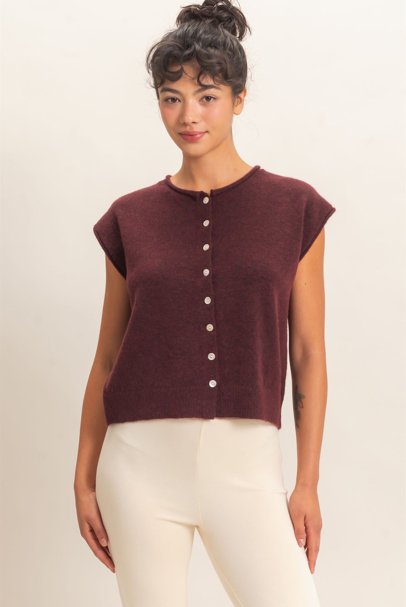 Wholesale Rolled Edge Button Front Sweater Vest Sweaters DZ26E239 DARK CHERRY DOUBLE ZERO