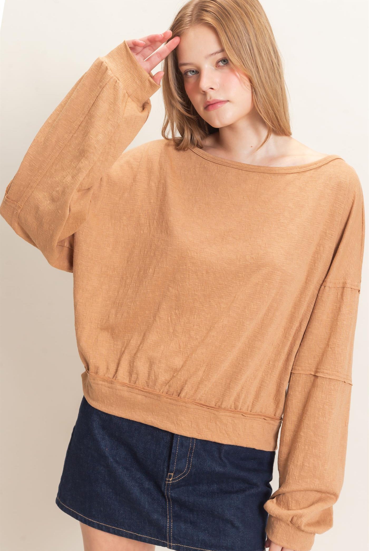 Wholesale Relaxed Boat Neck Long Sleeve Top Clothing Tops HF25F340 LIGHT BROWN HYFVE