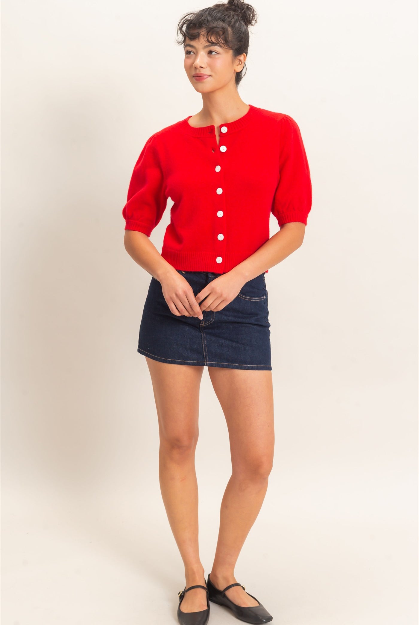 Wholesale Button Front Puff Short Sleeve Cardigan Cardigans DZ26C960 RED DOUBLE ZERO