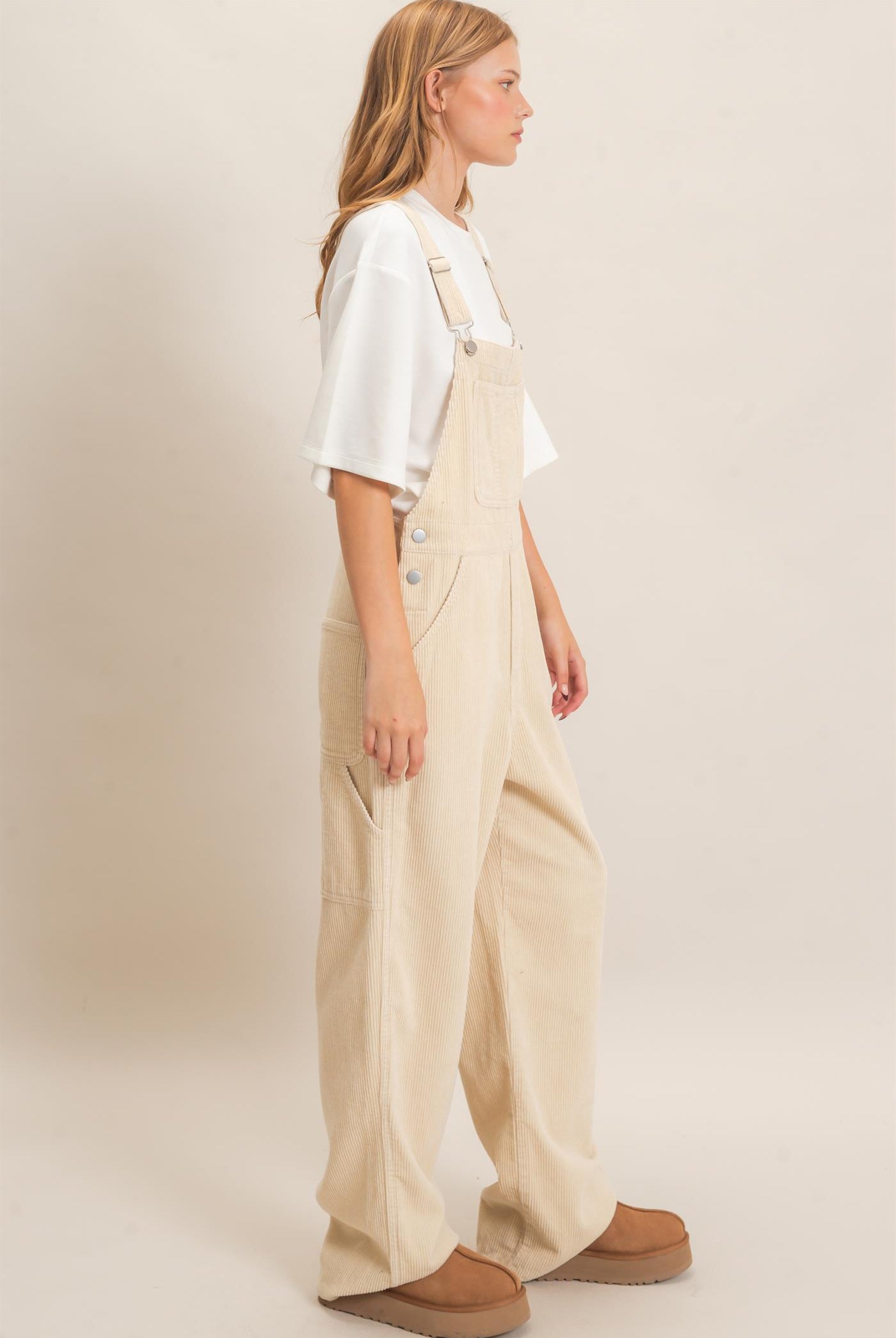 Wholesale Mineral Wash Corduroy Overalls Clothing HF26F210-D BEIGE HYFVE