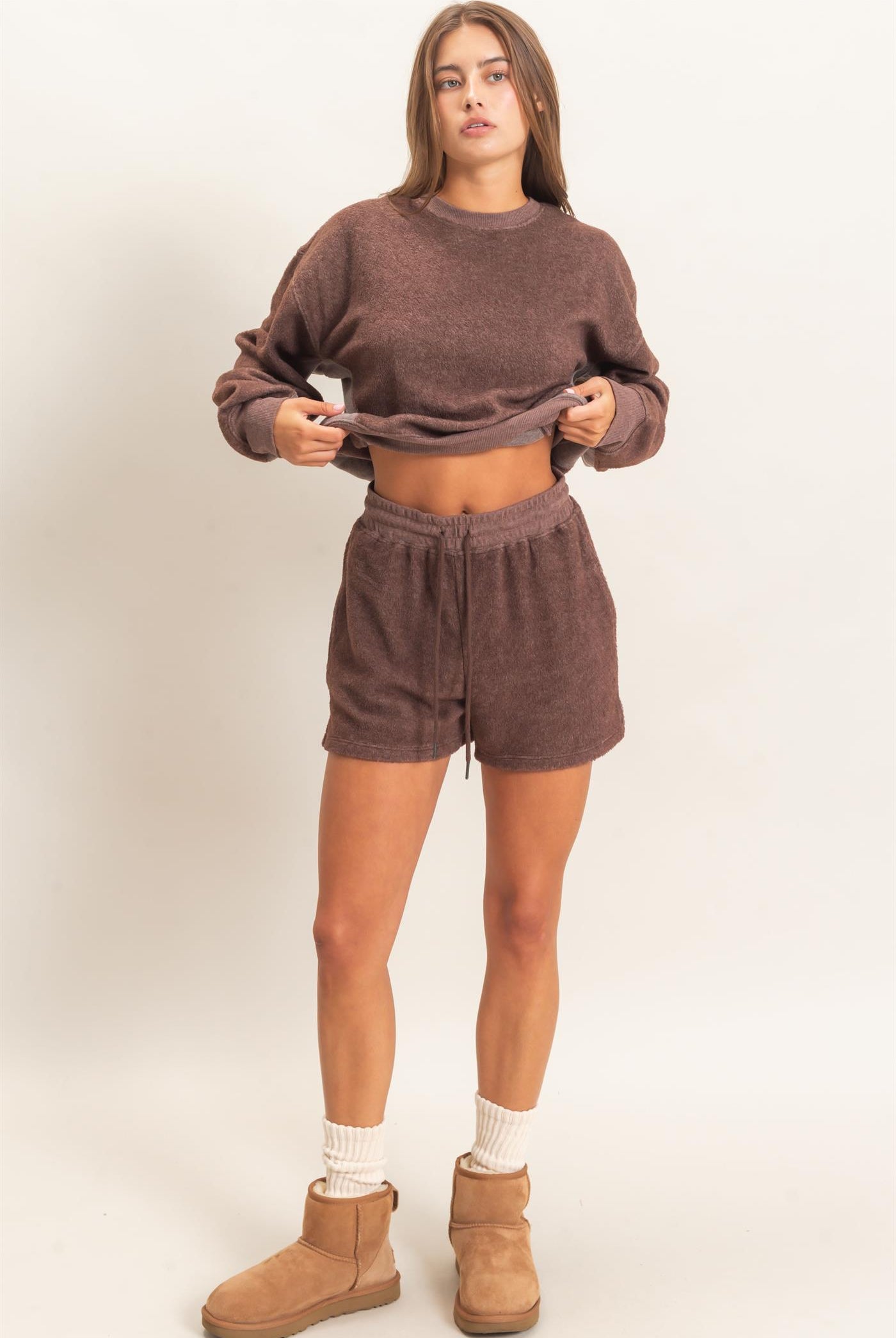 Wholesale Contrast Sweatshirt & Shorts Set Clothing DZ25F478-SET DARK BROWN DOUBLE ZERO