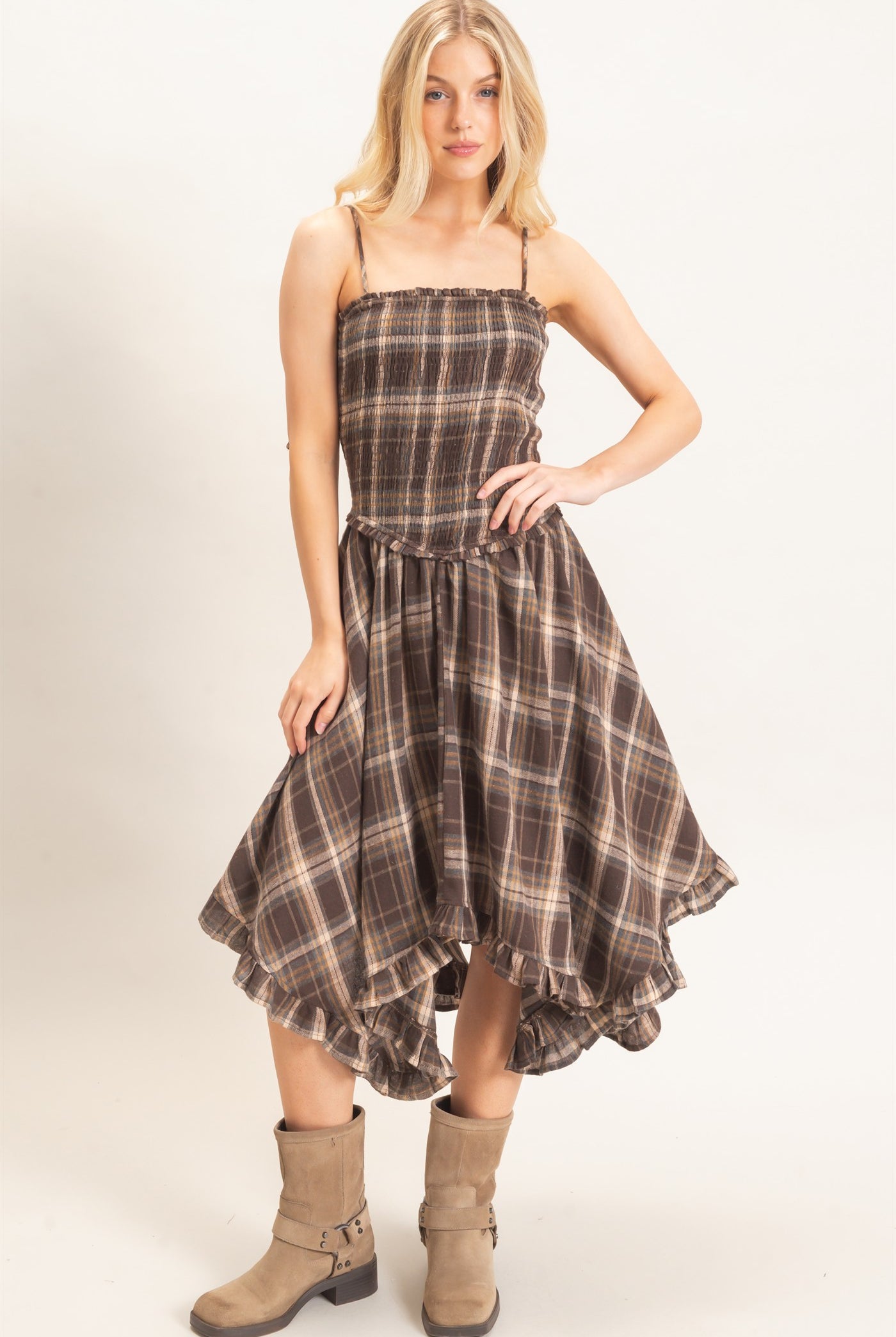 Wholesale Plaid Smocked Spaghetti Strap Dress Dresses HF26F211 BROWN HYFVE