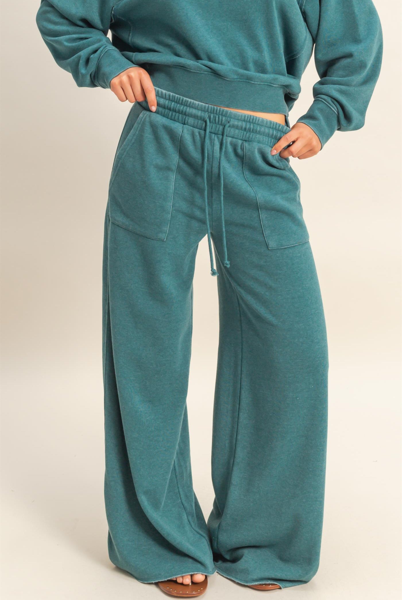 Wholesale Burnout French Terry Wide-Leg Pants Pants DZ26A259 DARK TEAL DOUBLE ZERO